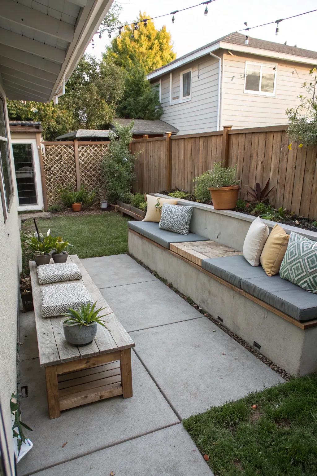 Built-in benches offer stylish seating solutions for tight spaces.