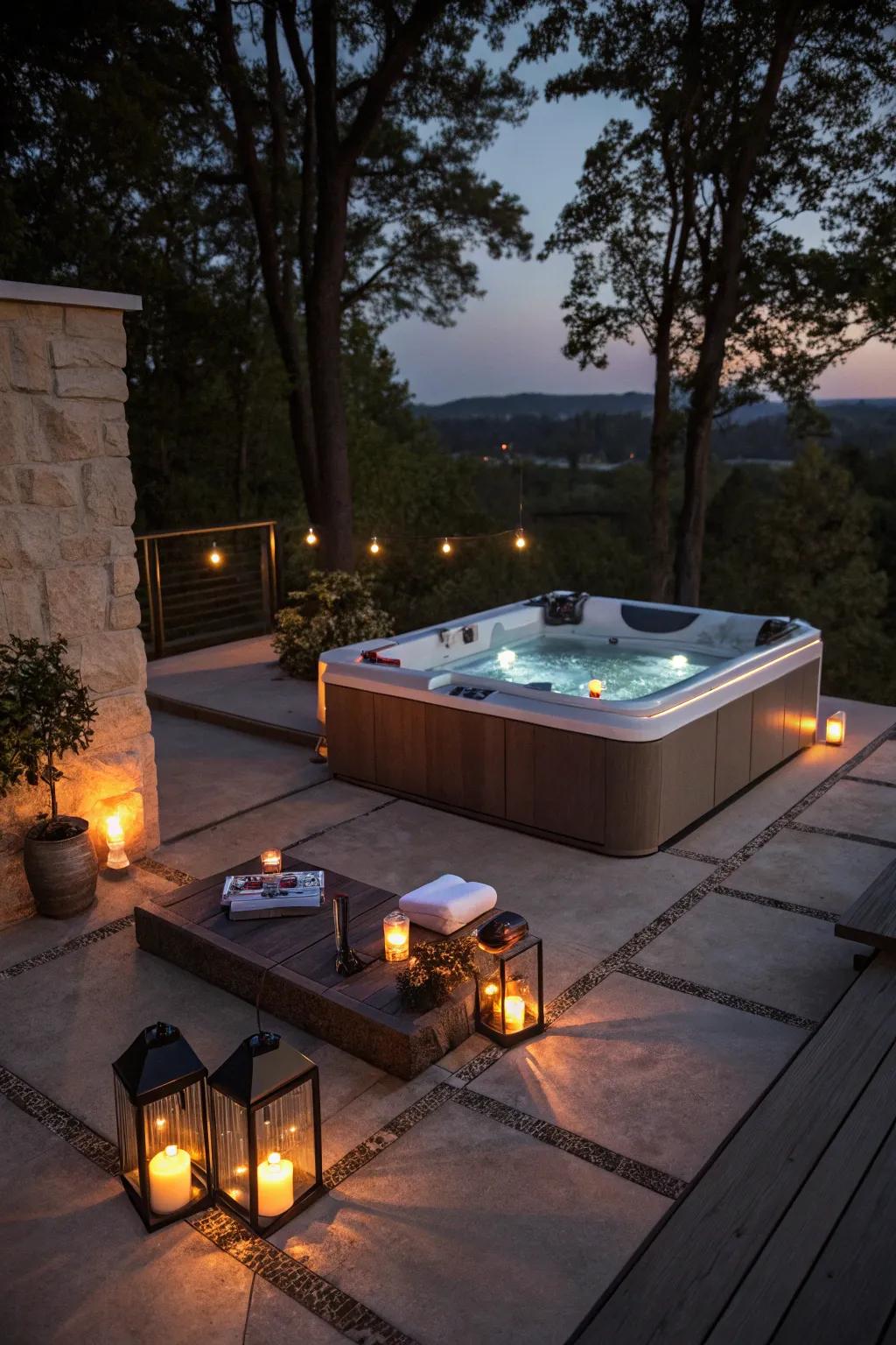 Enchanting lighting enhances the atmosphere of a concrete patio with a hot tub.