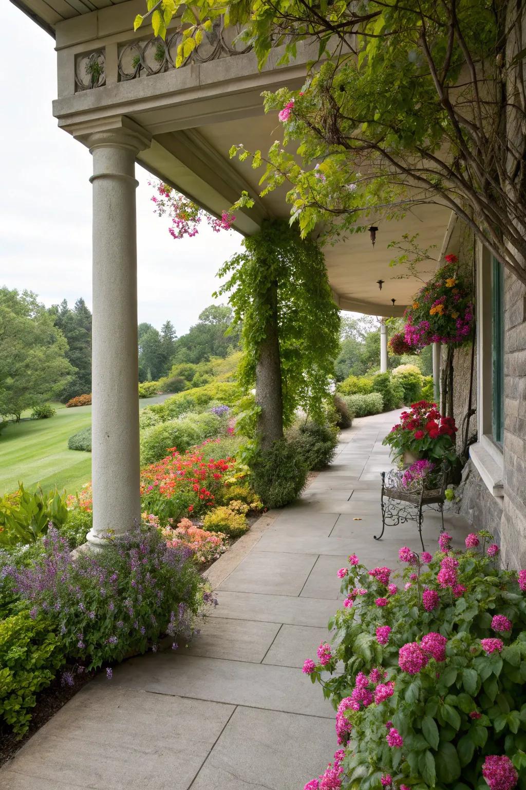 Concrete porch beautifully blended with vibrant landscaping.