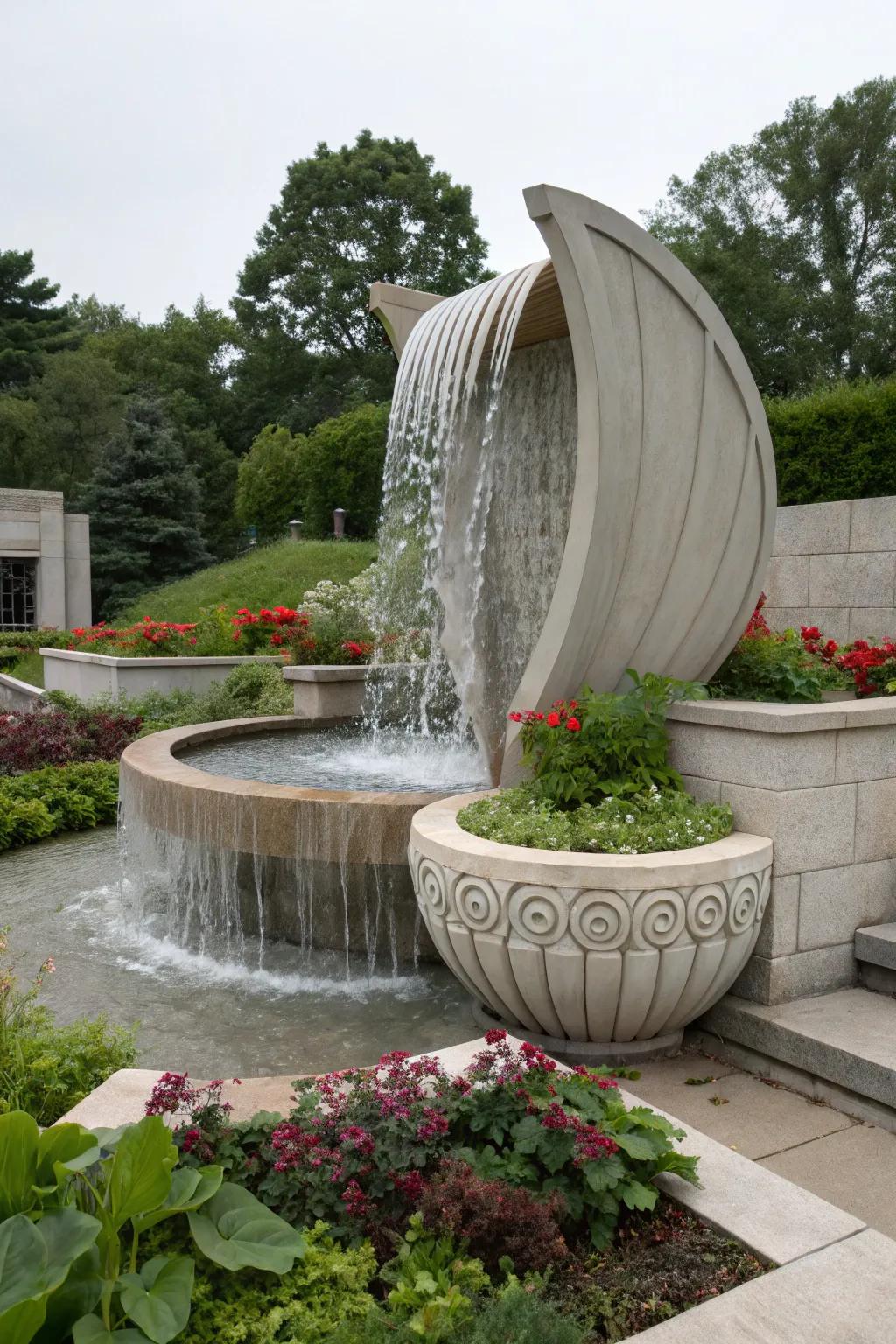 A sculptural concrete waterfall serving as a garden's artistic centerpiece.
