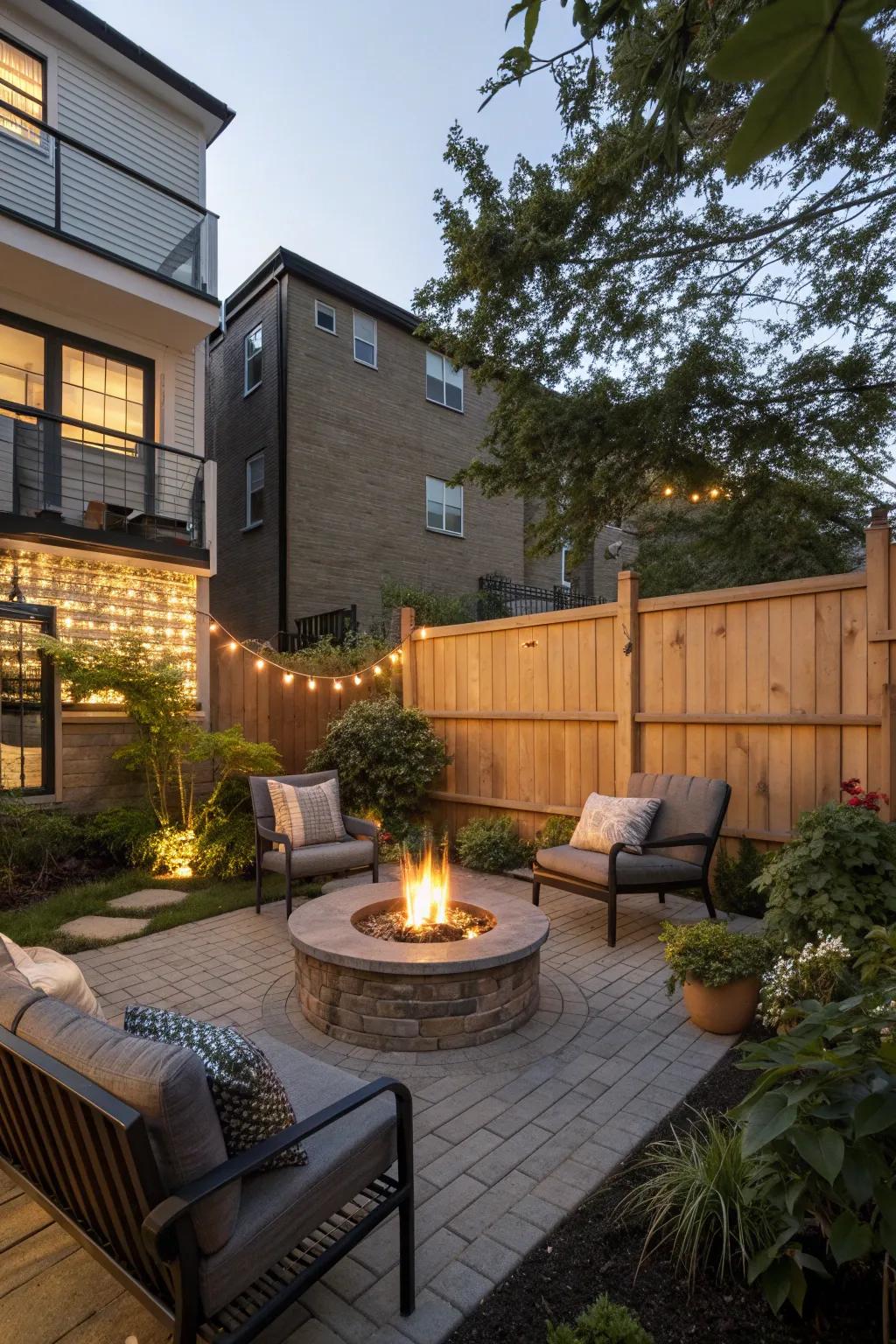 A small fire pit adds warmth and charm to a condo backyard.