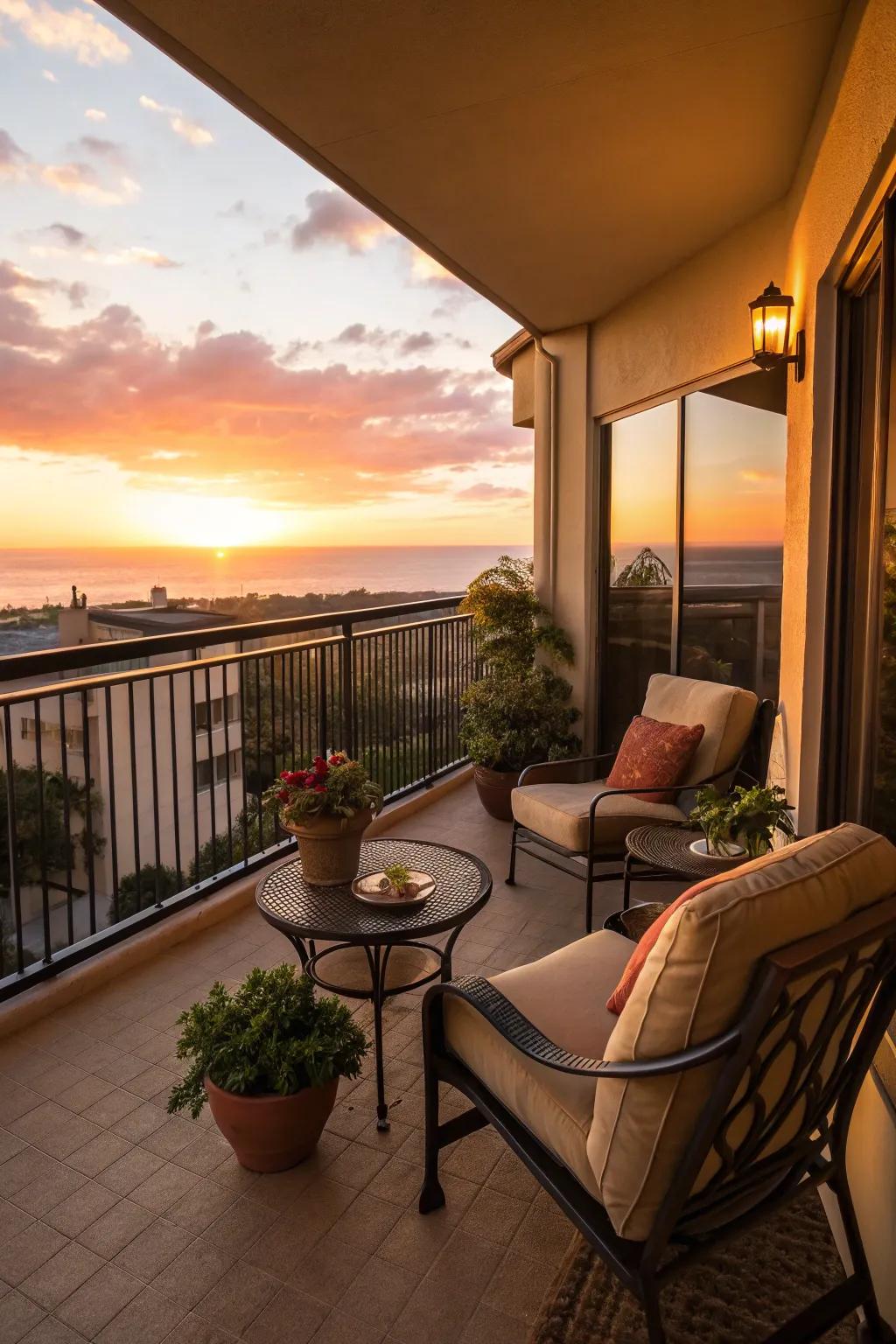 Enjoy stunning sunset views from your balcony with the right seating.