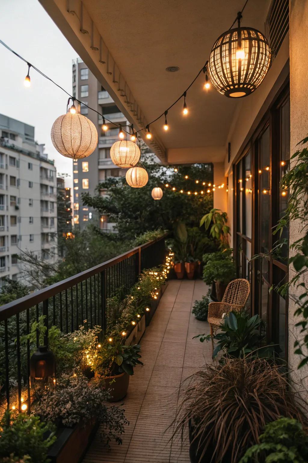 Illuminated garden with string lights