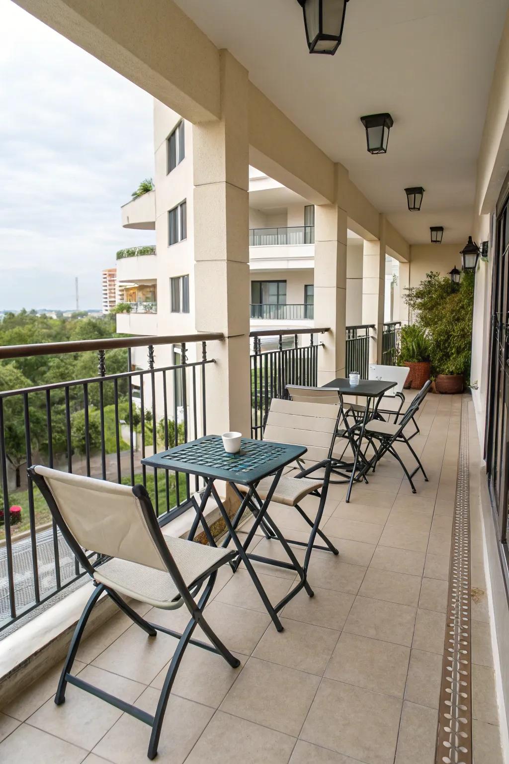 Space-saving foldable furniture on a condo patio.