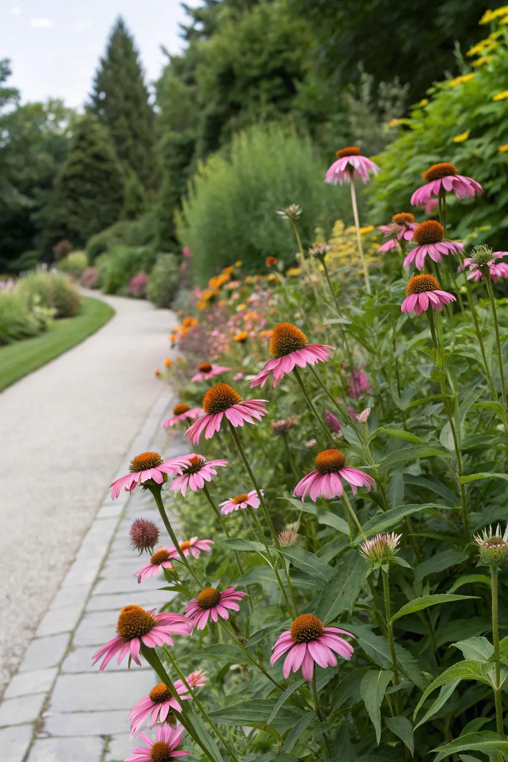 Easy-care coneflower borders for effortless beauty.