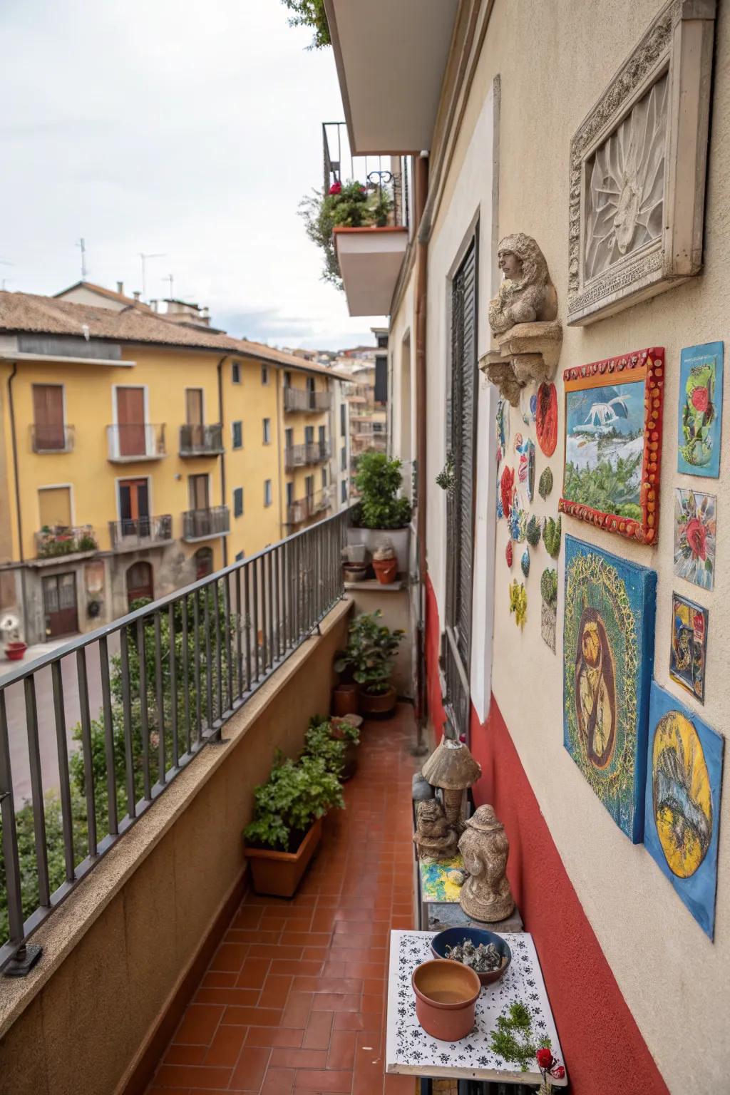Incorporate art pieces to add personality and interest to your balcony.