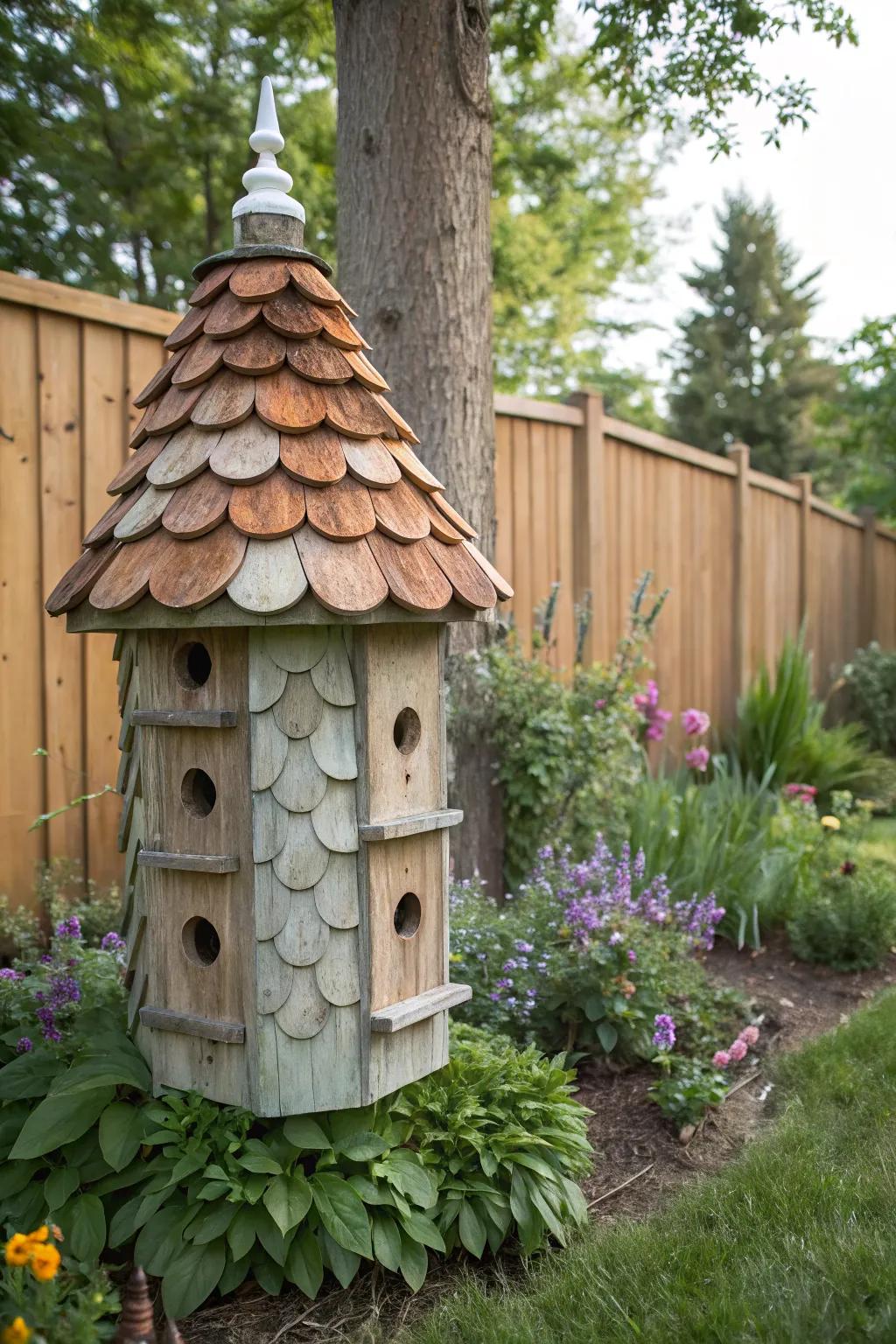 Rustic charm: Shingled birdhouse