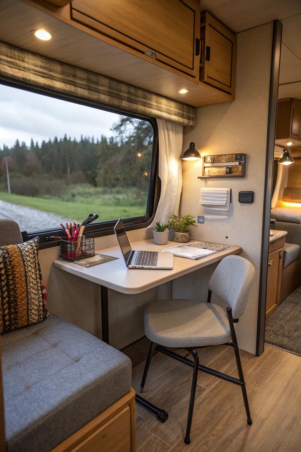 A compact office space keeps you productive while traveling.