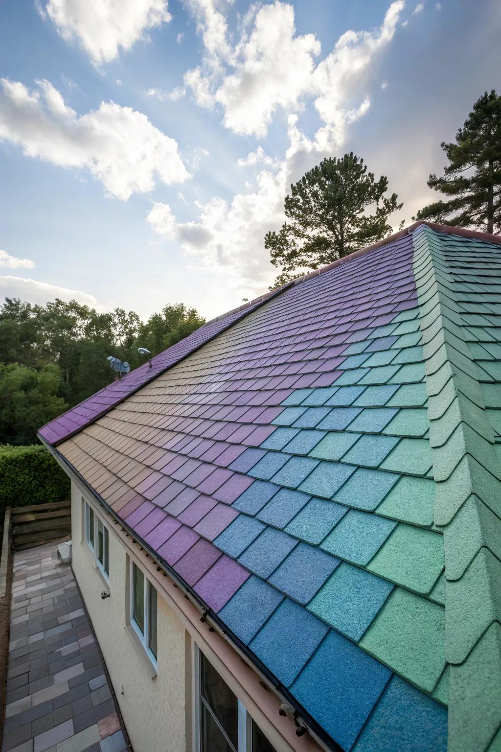 A roof featuring cool-colored shingles in vibrant hues.