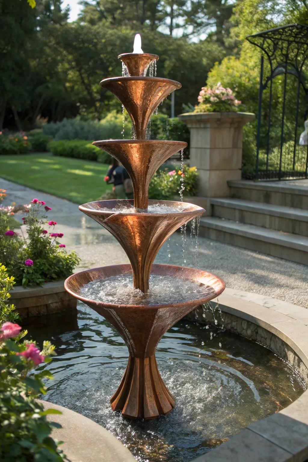 An abstract copper fountain adding an artistic touch to the garden.