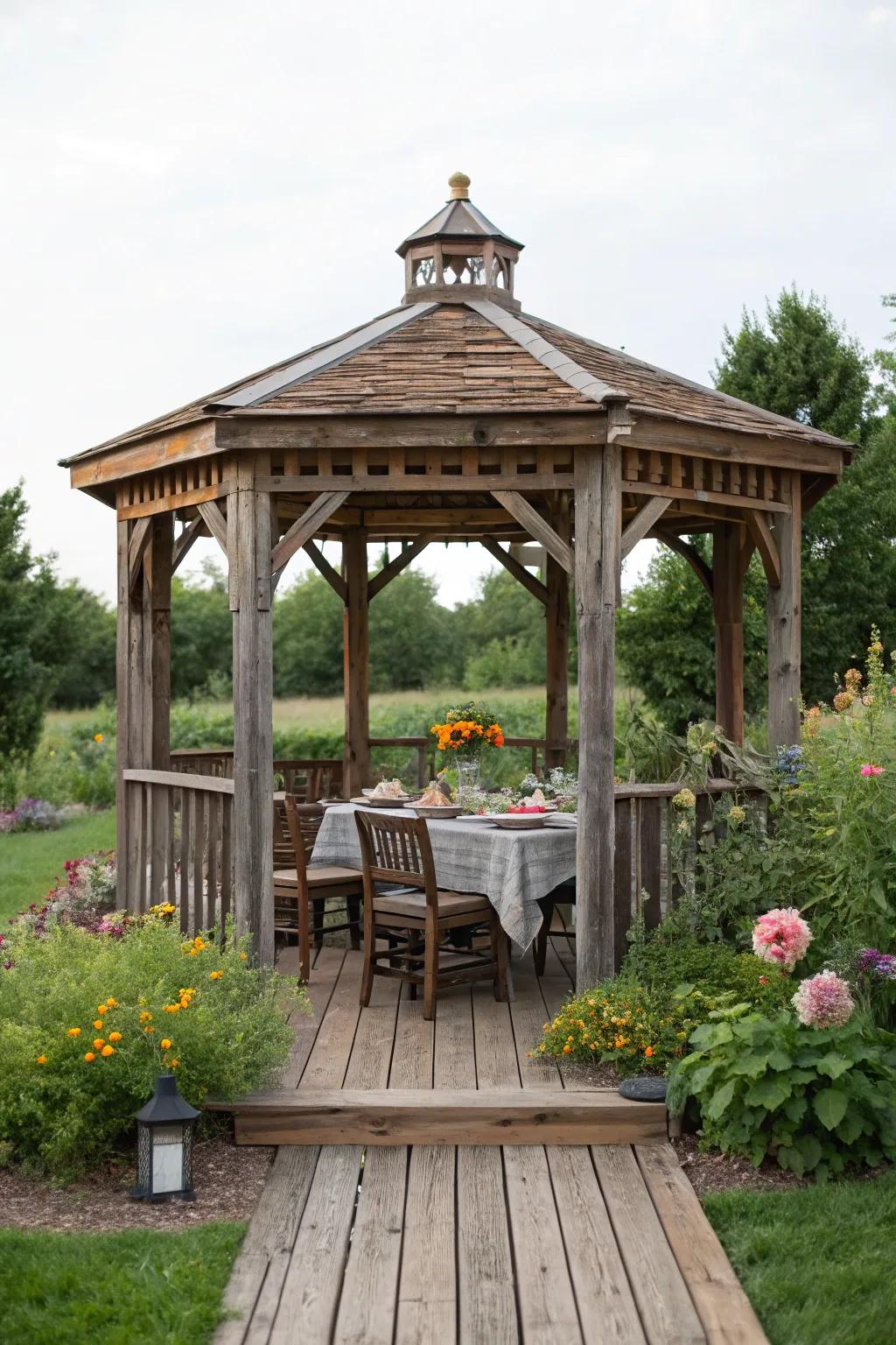 Repurposed materials bring character and sustainability to the gazebo.