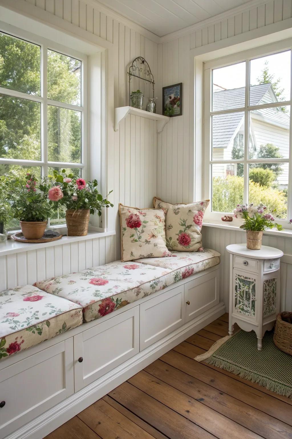 A charming cottage-style corner bench with floral accents.
