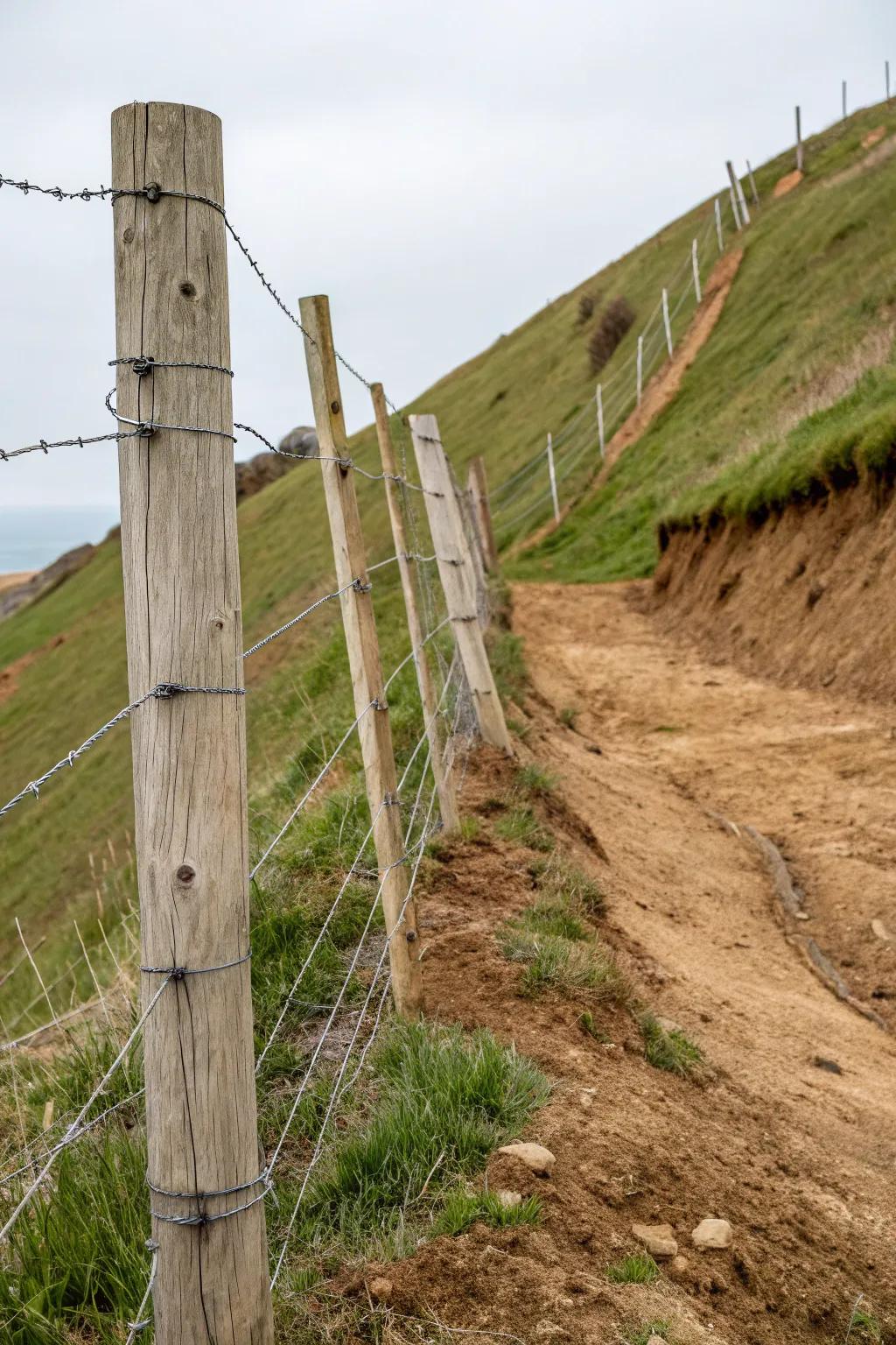 Guy wire braces provide stability on slopes.