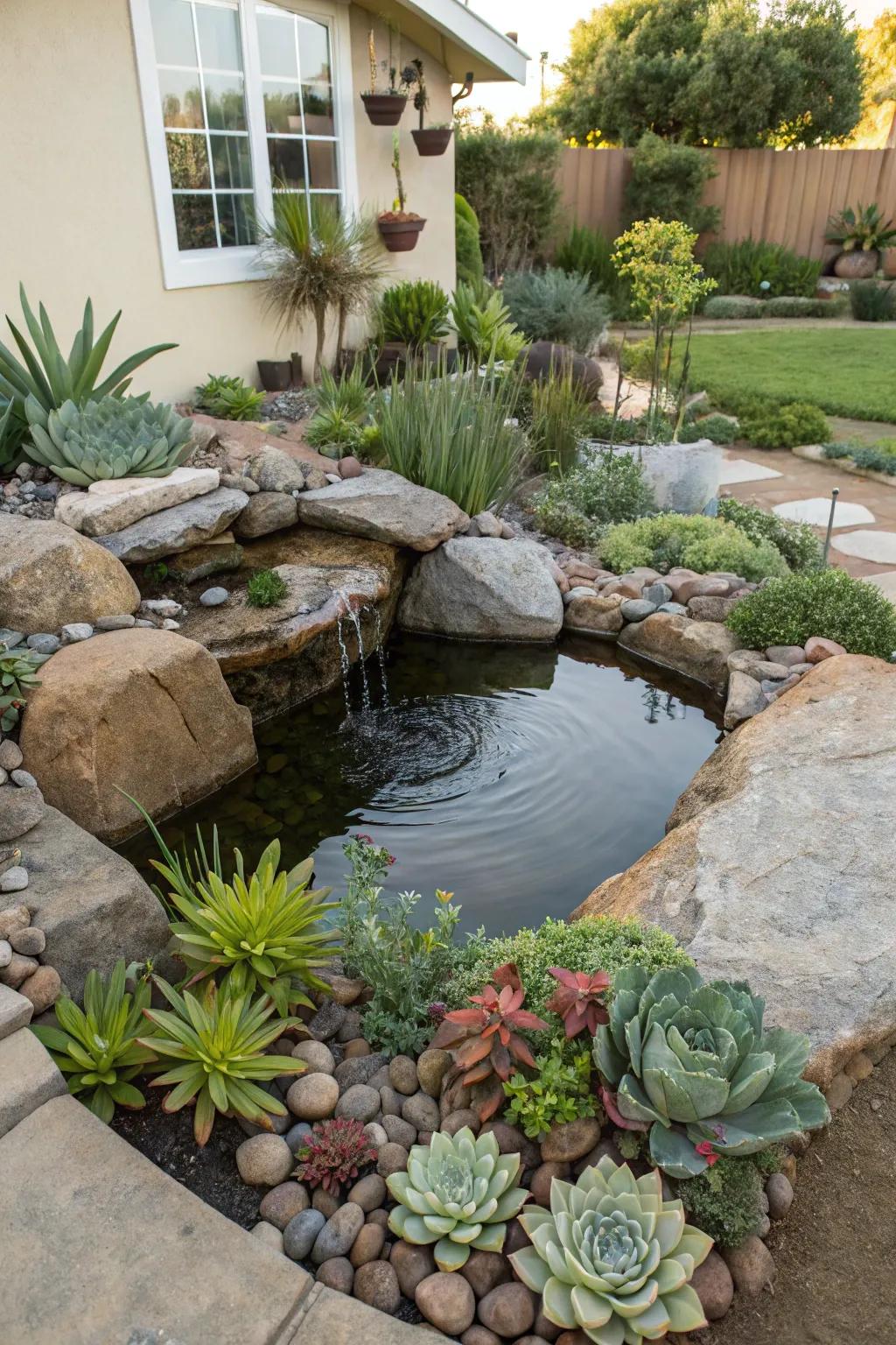Rock gardens add texture and interest to pond areas.