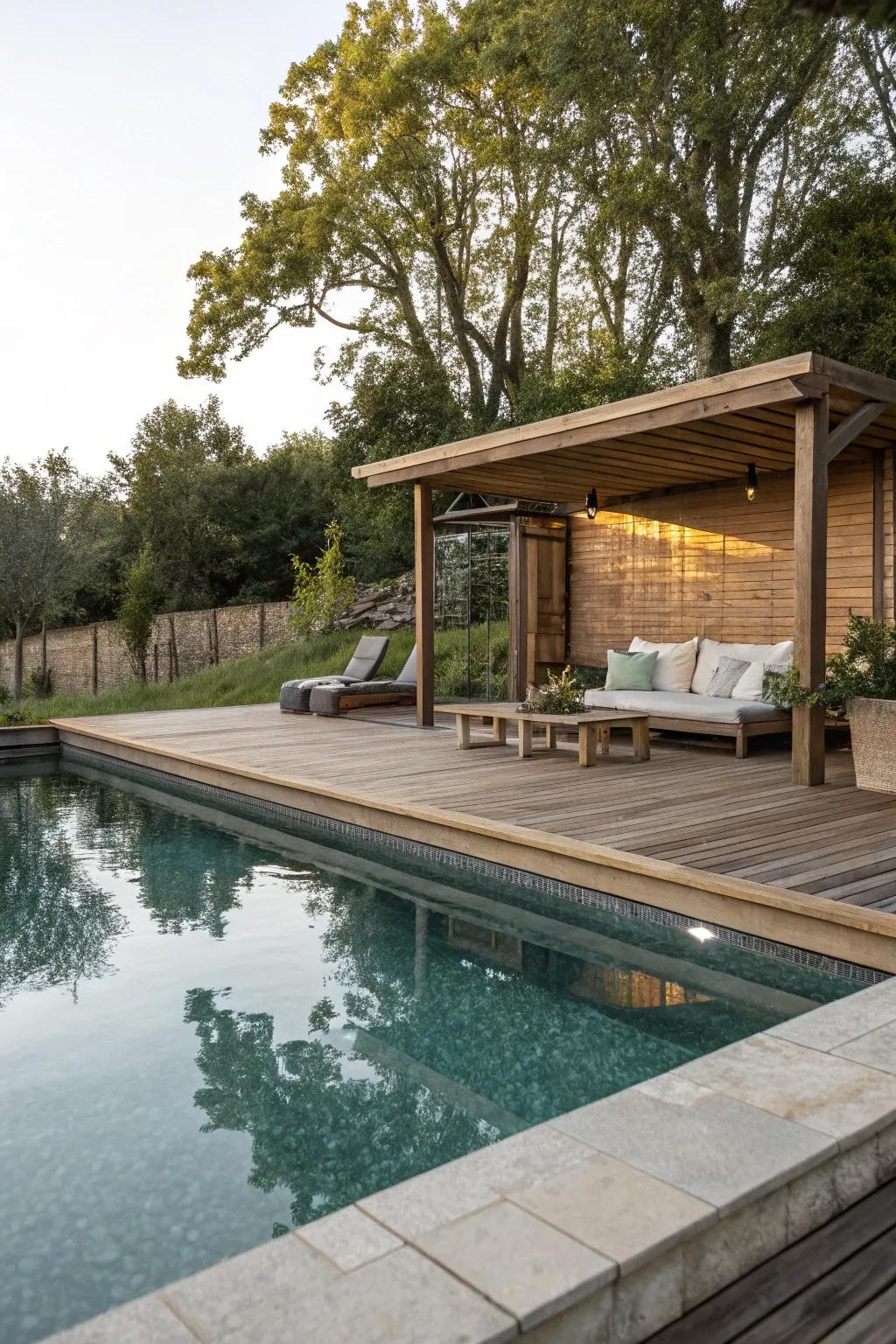 Floating decks provide versatile poolside options.