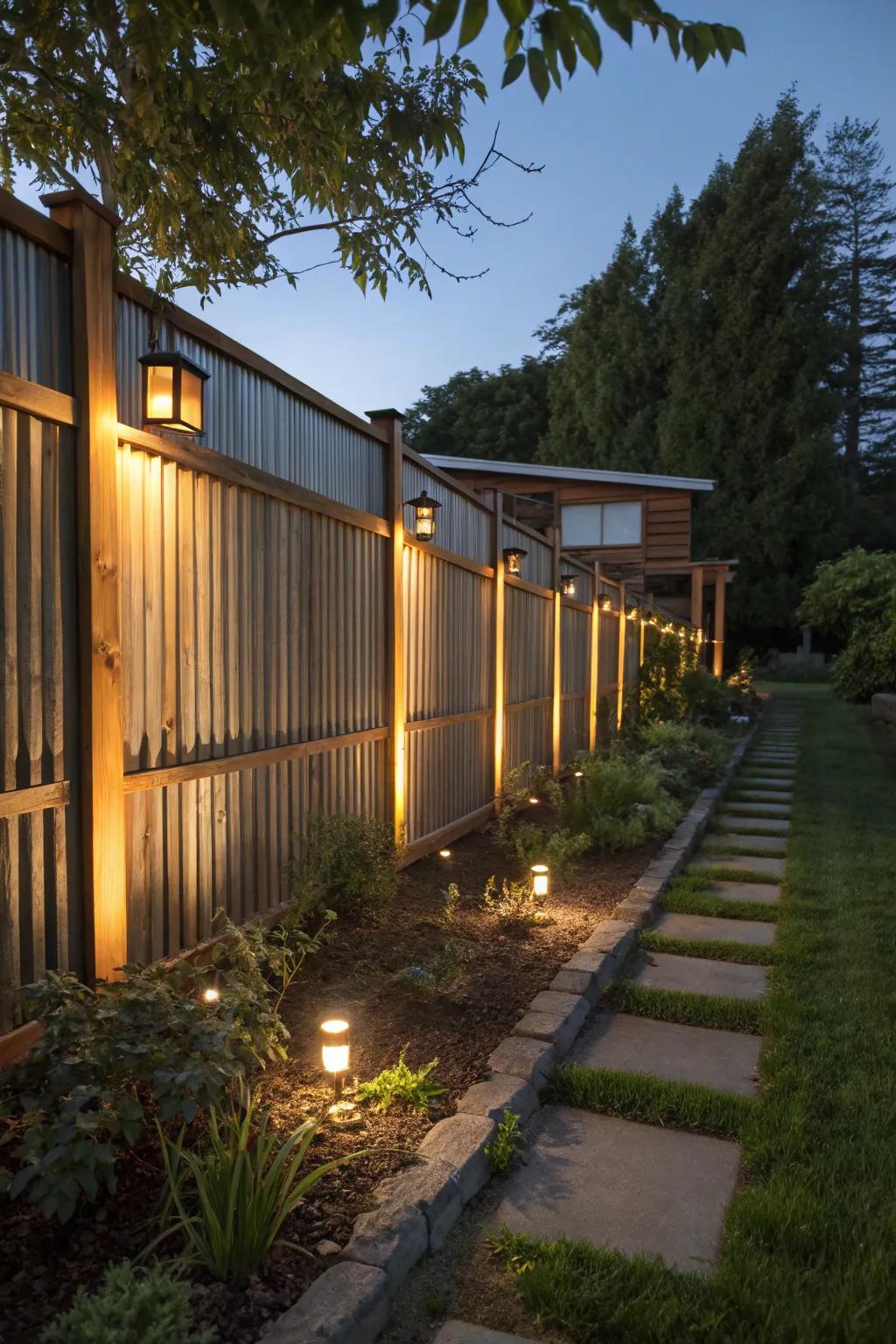 Illuminate your garden with integrated lighting in metal and wood fences.