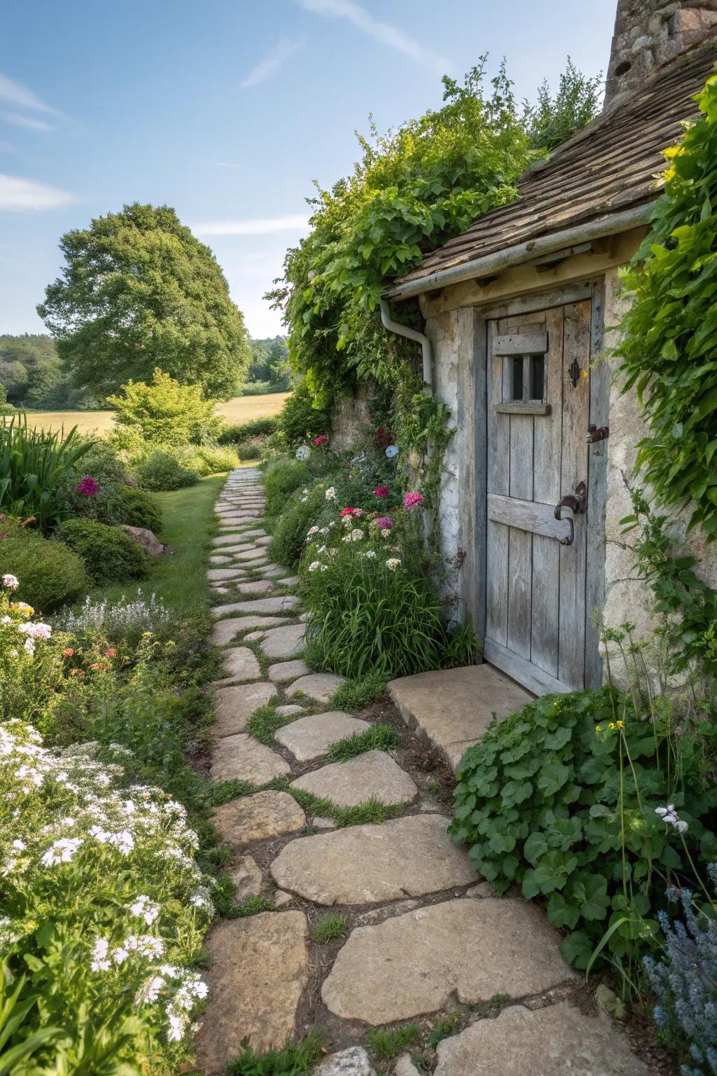 A natural stone pathway leading to a cottage door.