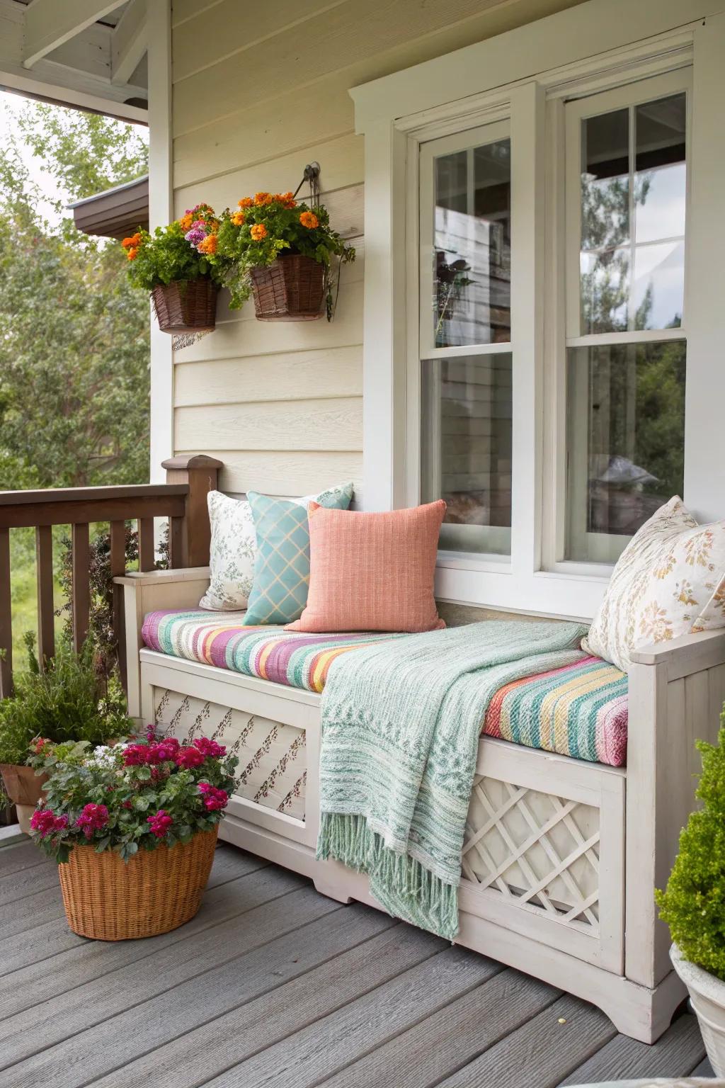 A functional cottage porch featuring a decorative storage bench.