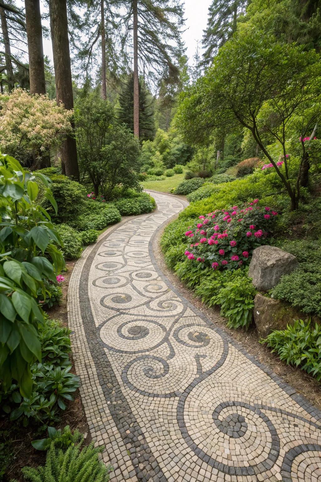 Pebble mosaic adding artistic flair to a garden pathway.