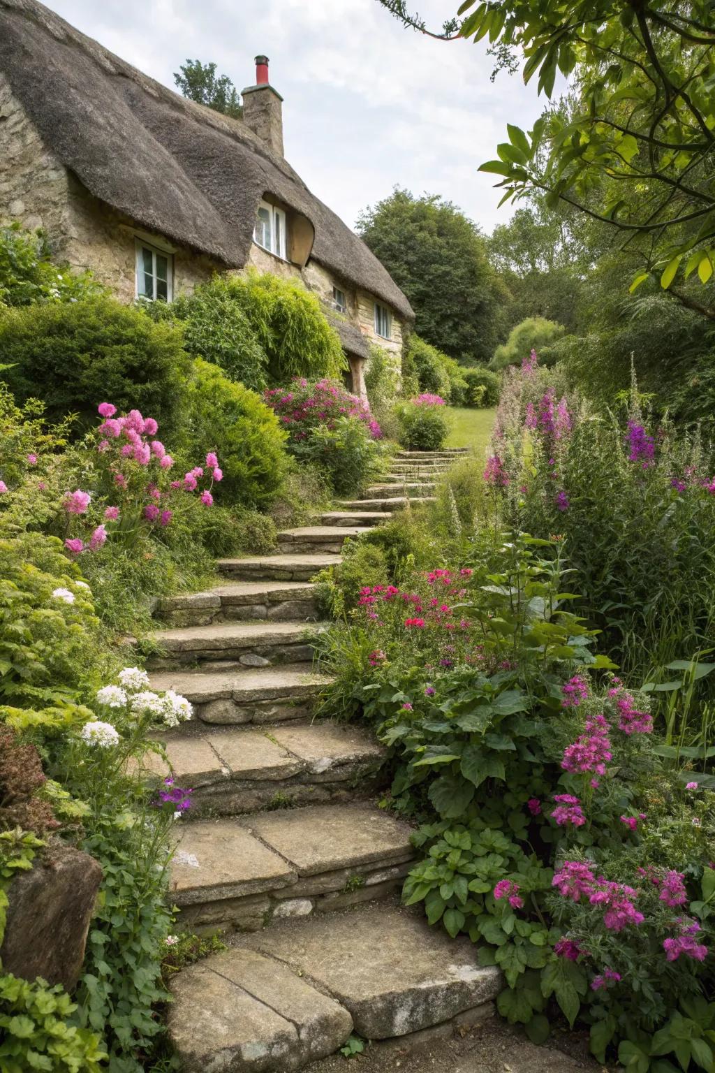 Elegant natural stone steps blend seamlessly with the garden landscape.