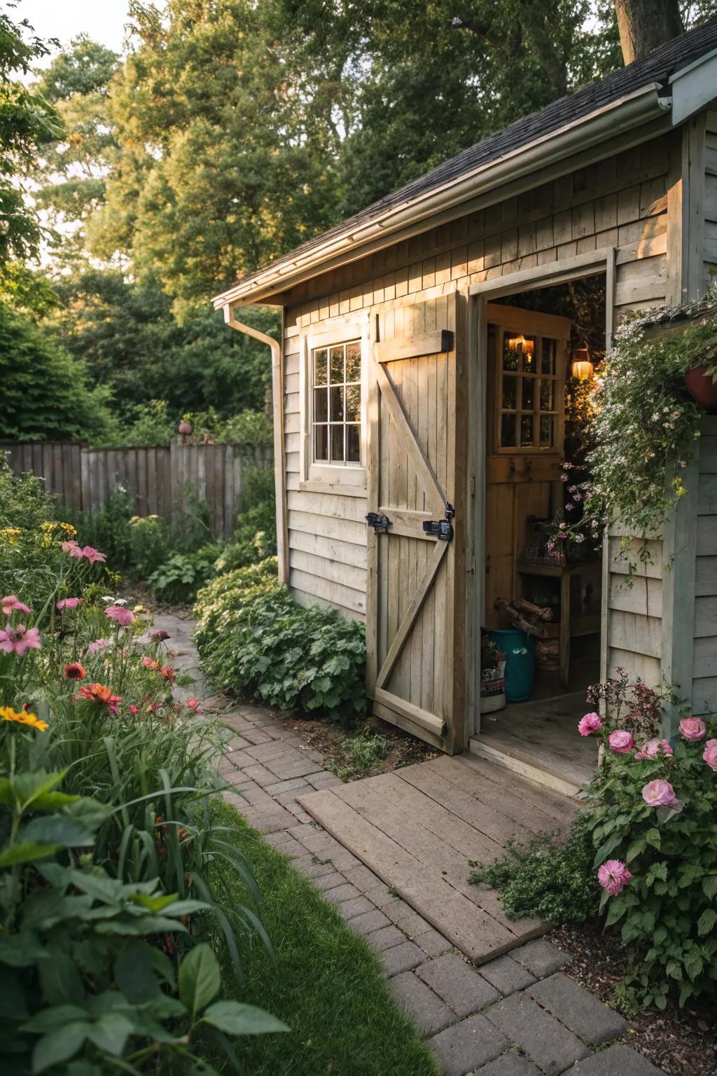 A Dutch door adds charm and functionality to this garden shed.