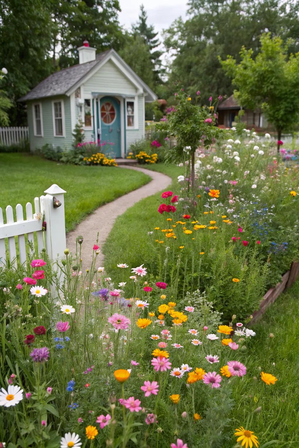 A wildflower meadow bringing whimsy to a cottage-style front yard.