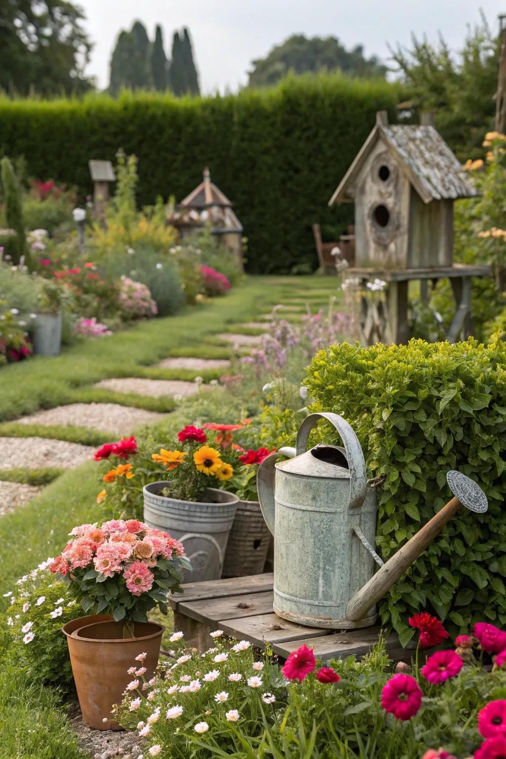 Add charm to your garden with vintage decor elements.