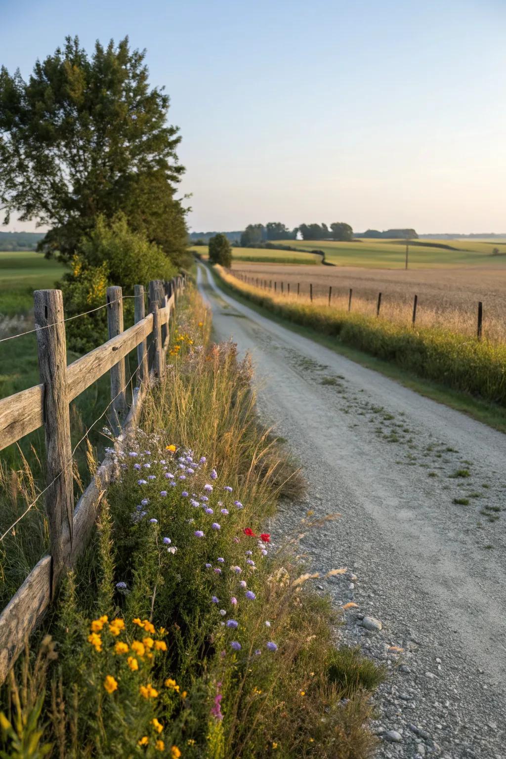 A rustic wooden fence lining the country driveway, adding charm and character to the landscape.