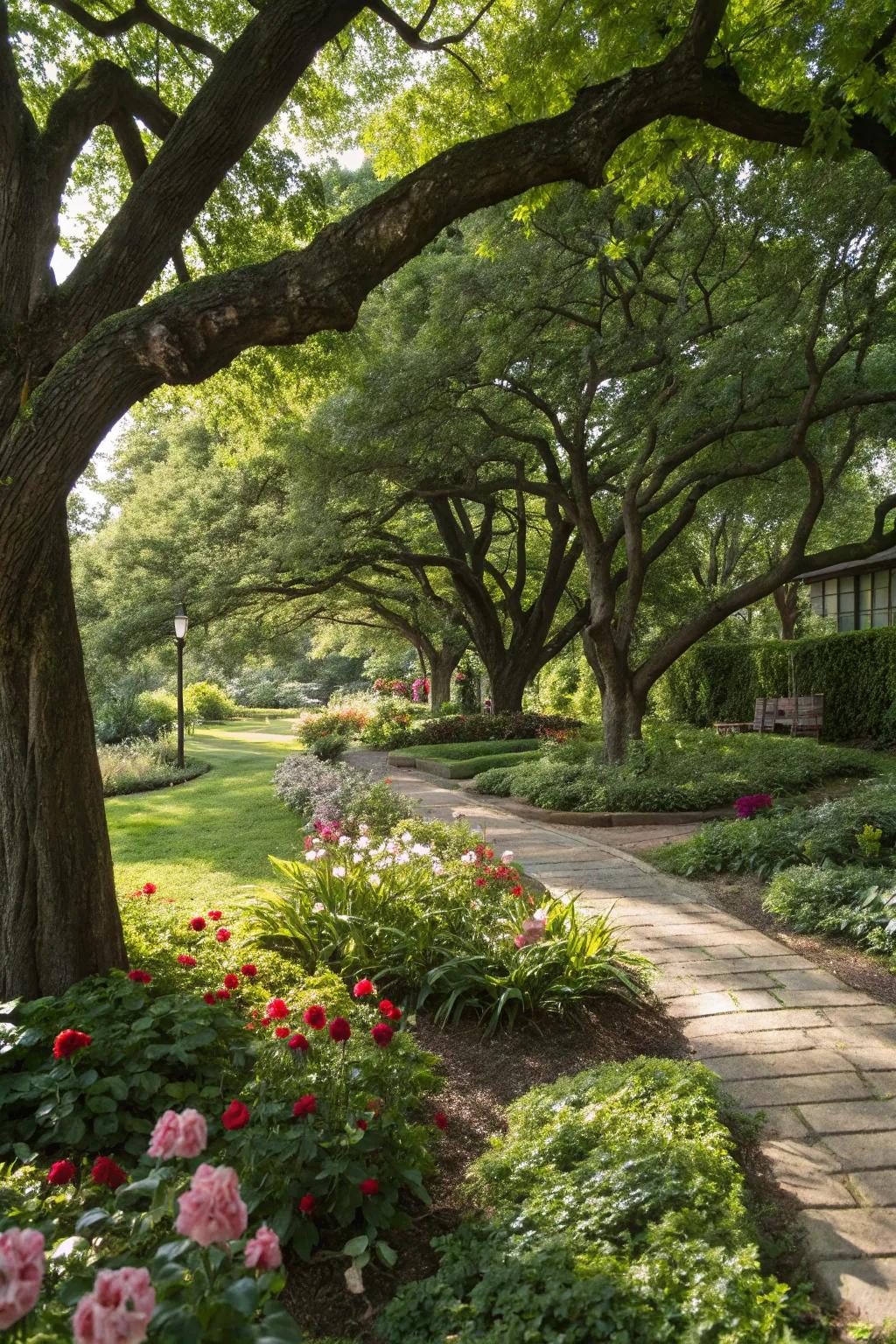 Majestic shade trees creating cool, inviting spaces in the garden.