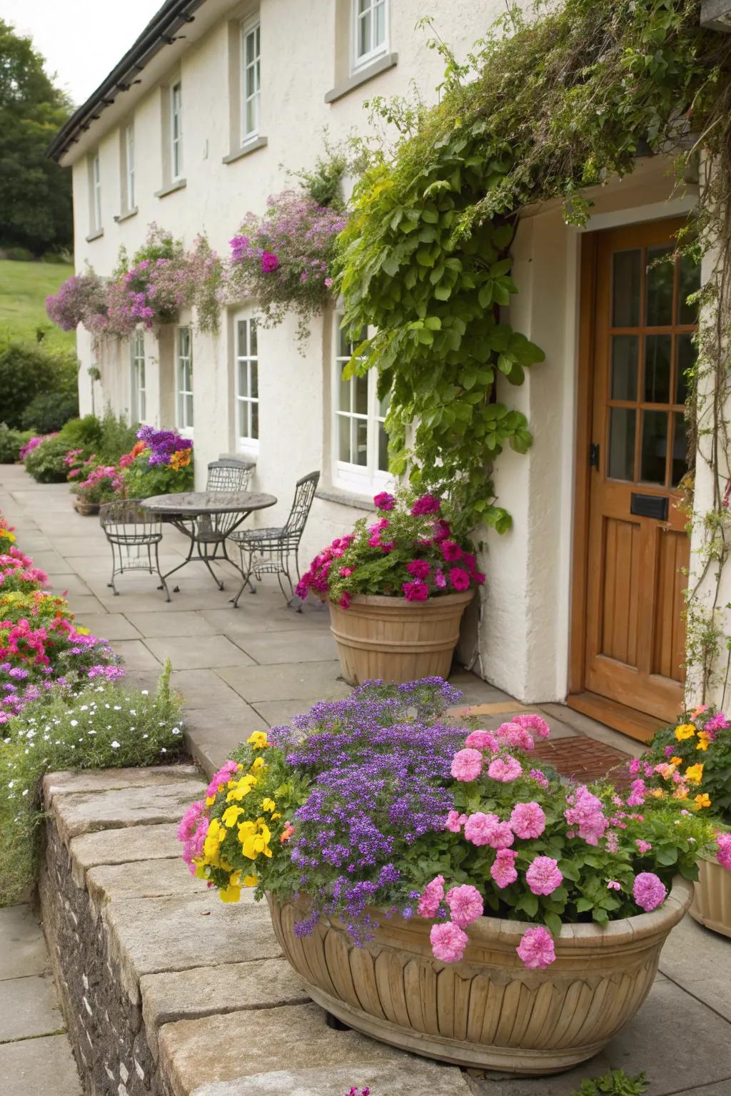 Cottage-style planters adding charm and color.