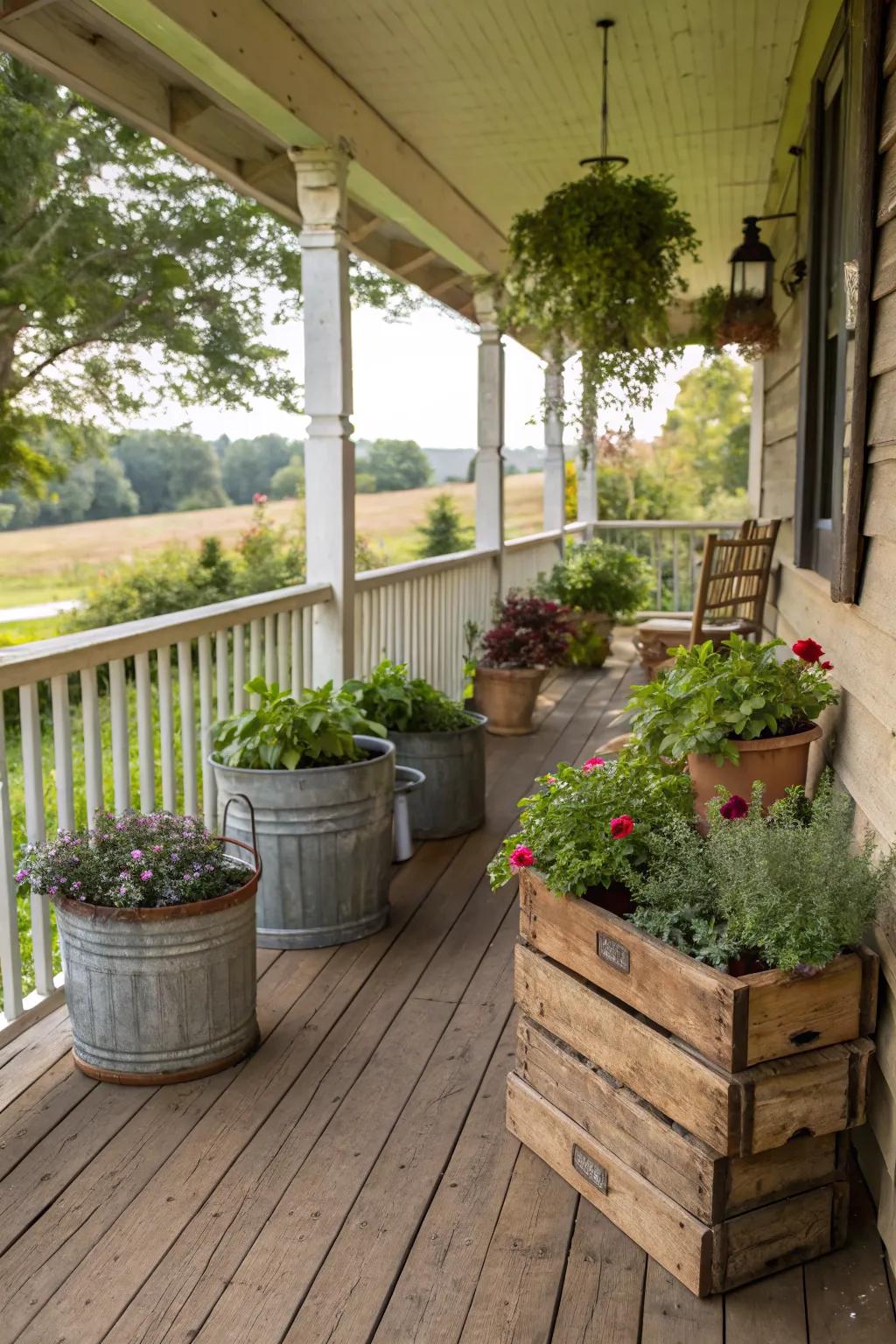 Vintage planters add character to your porch garden.