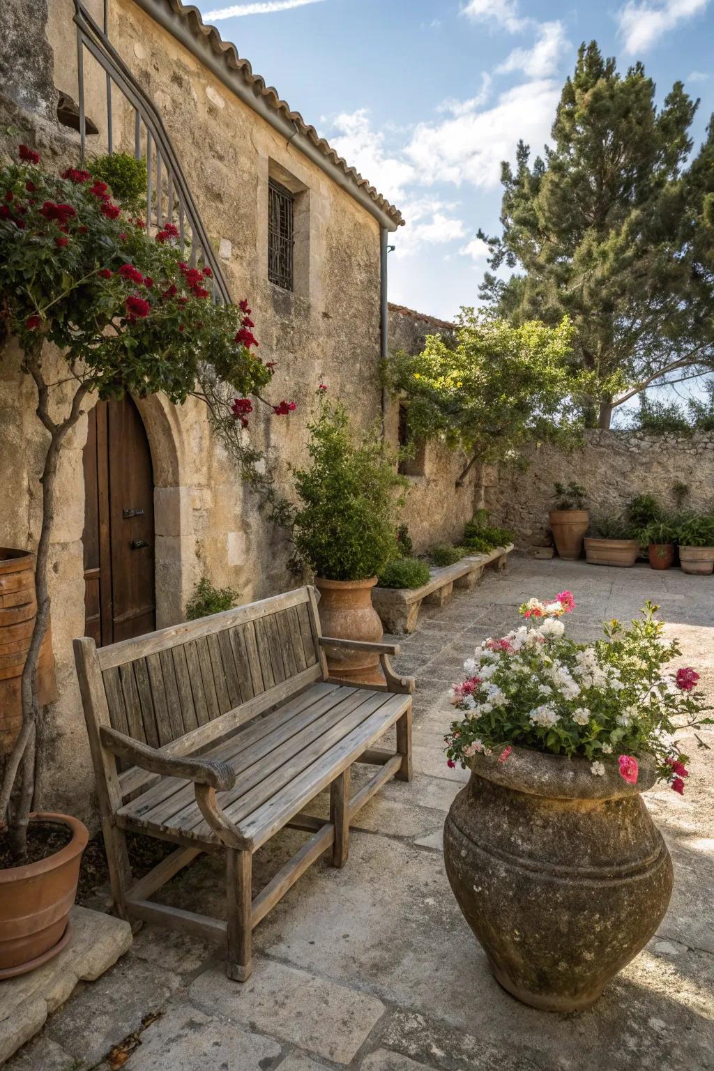Rustic elements add warmth and charm to a courtyard garden.