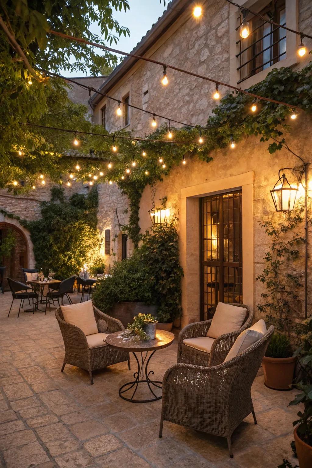 A cozy courtyard with inviting, intimate settings.