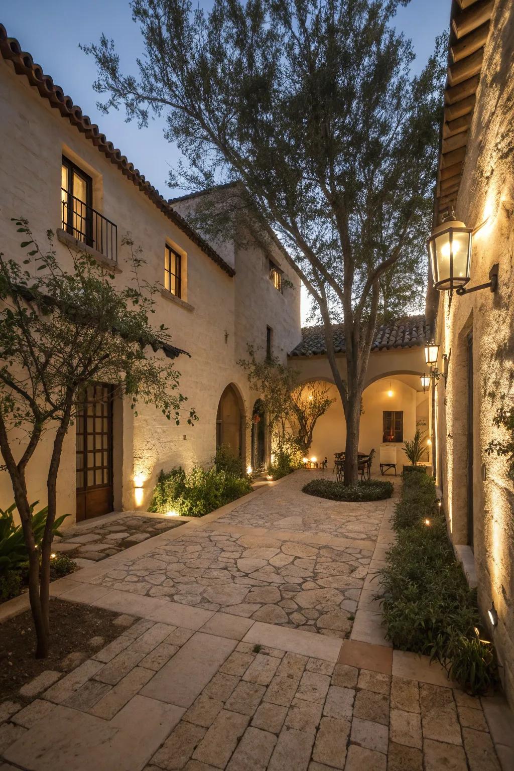 Ambient lighting creating a magical evening atmosphere in the courtyard.