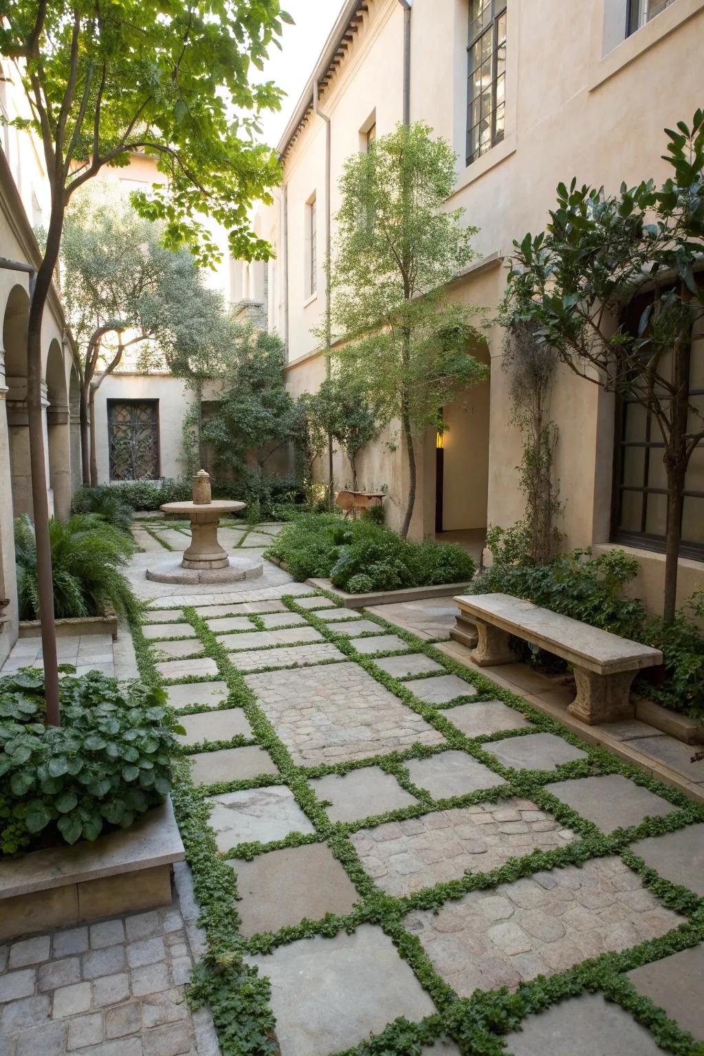 A courtyard where greenery and paving coexist beautifully.