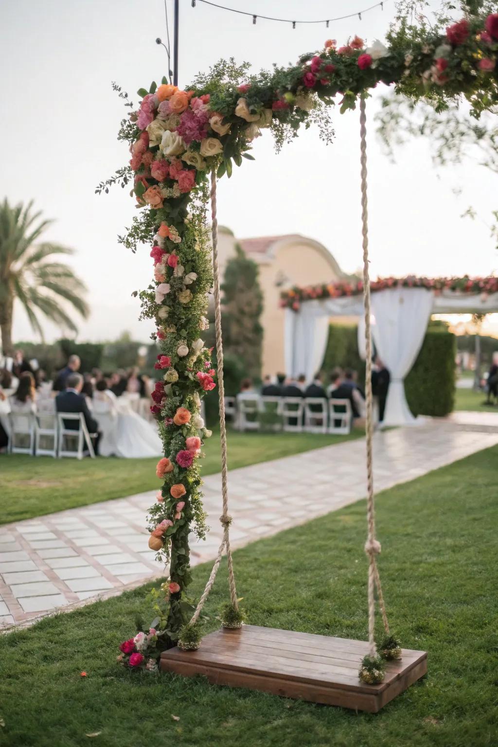 A flower-adorned swing adds a playful, beautiful touch.