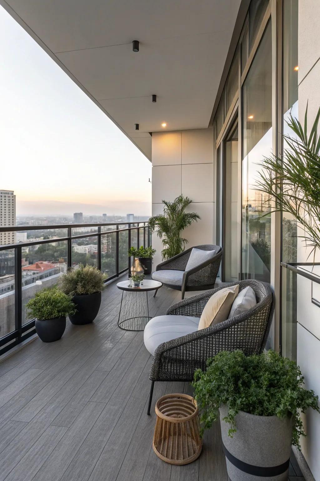 Low-maintenance flooring keeps the balcony stylish with ease.