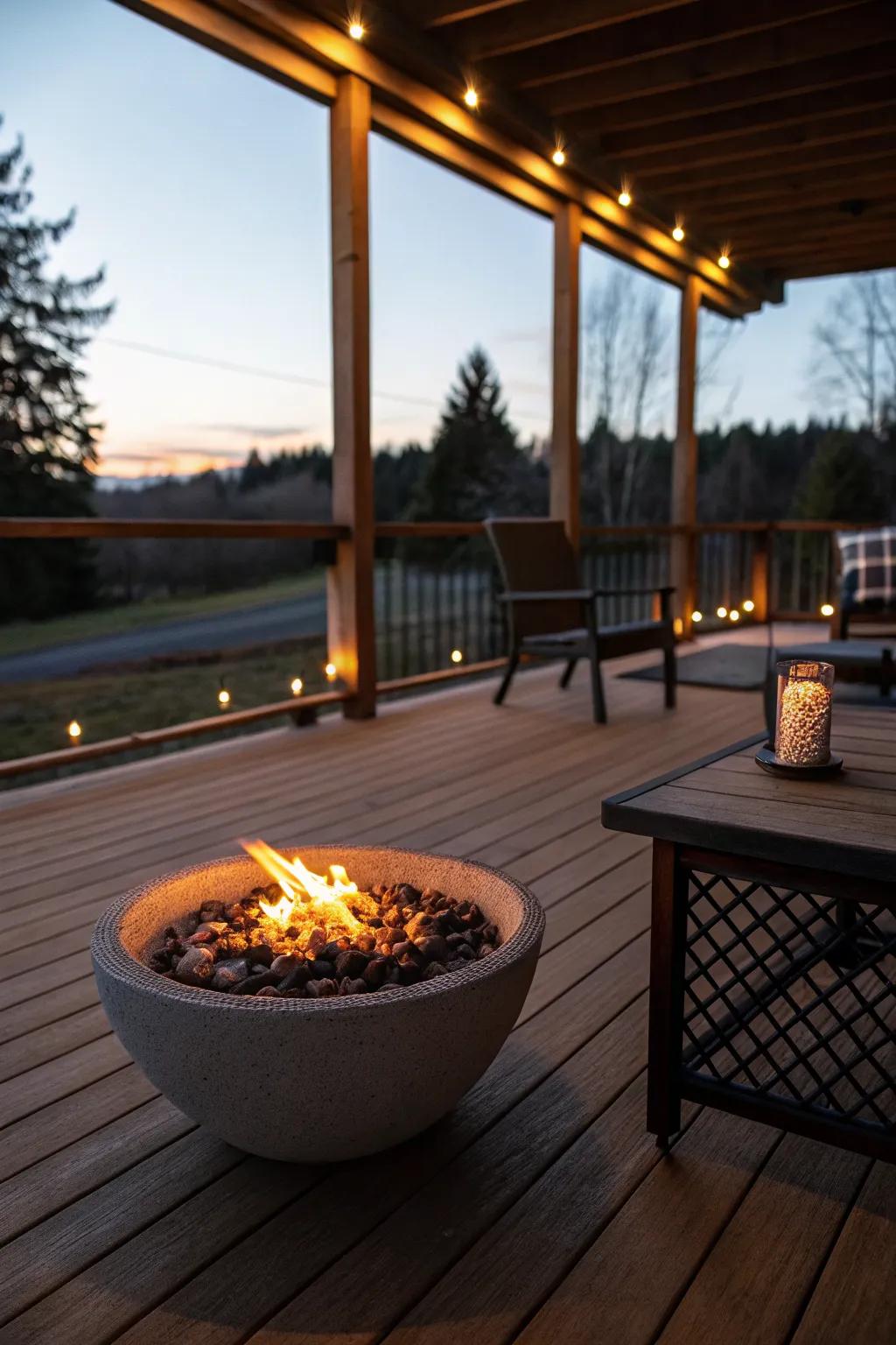 A fire feature adds warmth and a focal point to the deck.