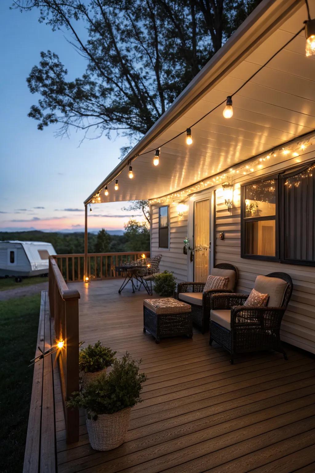 Enchanting deck illuminated by solar lights for a magical night atmosphere.