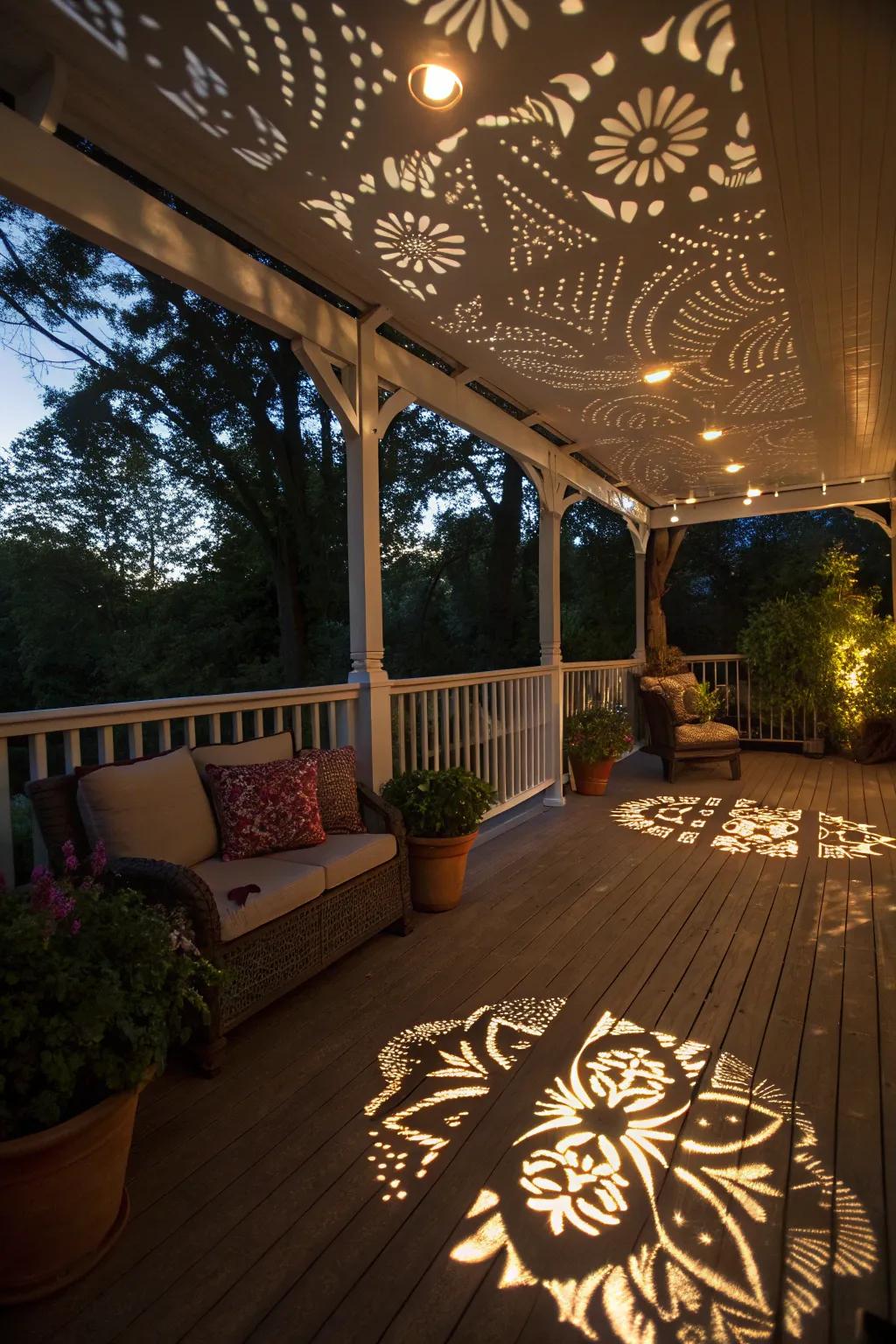Shadow play from strategically placed lights adds artistic flair to a covered deck.