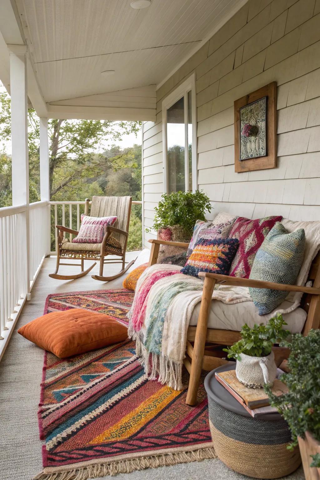 A mix of textiles creates a warm, inviting porch.