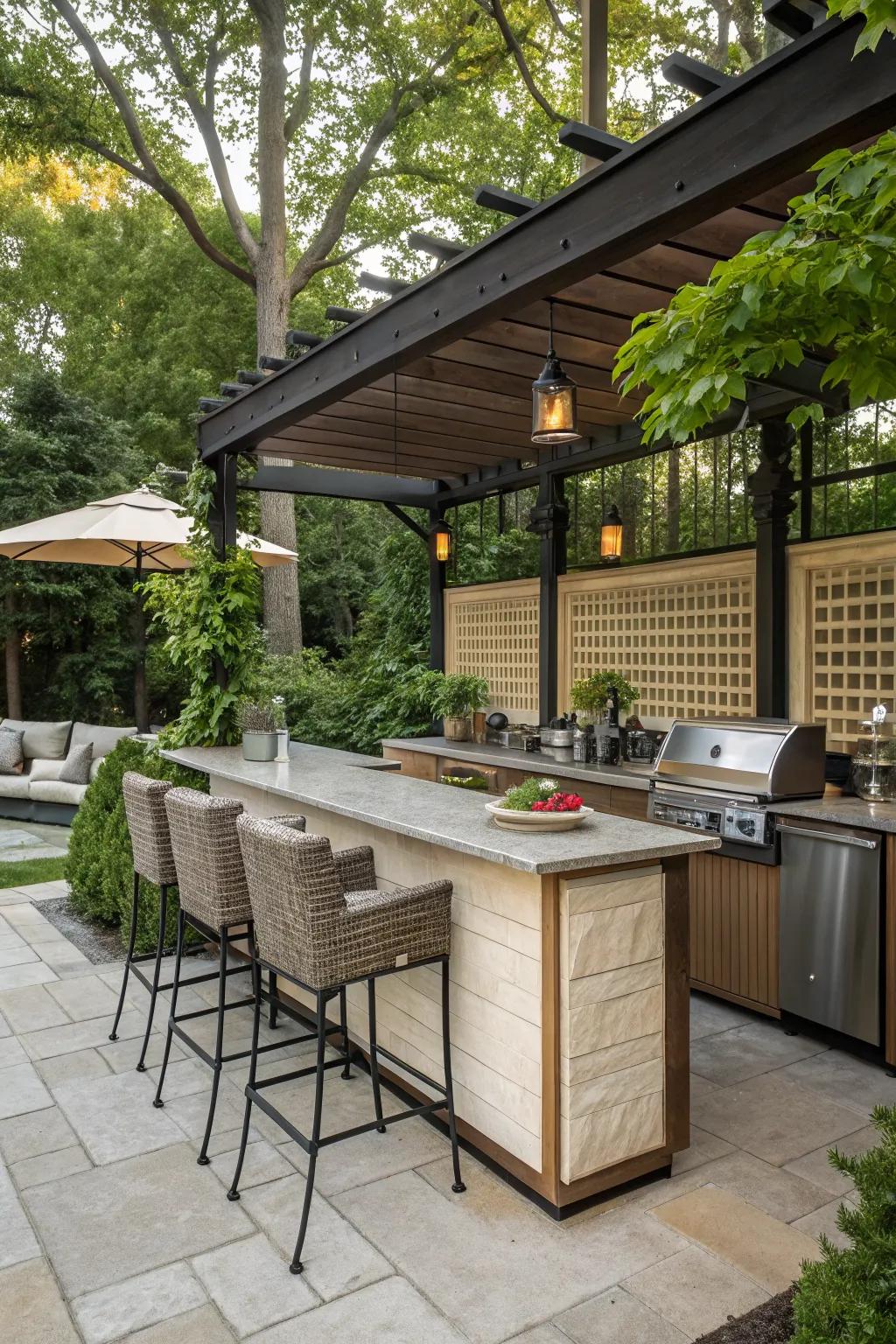 Privacy screens and greenery create a hidden oasis around this outdoor kitchen bar.
