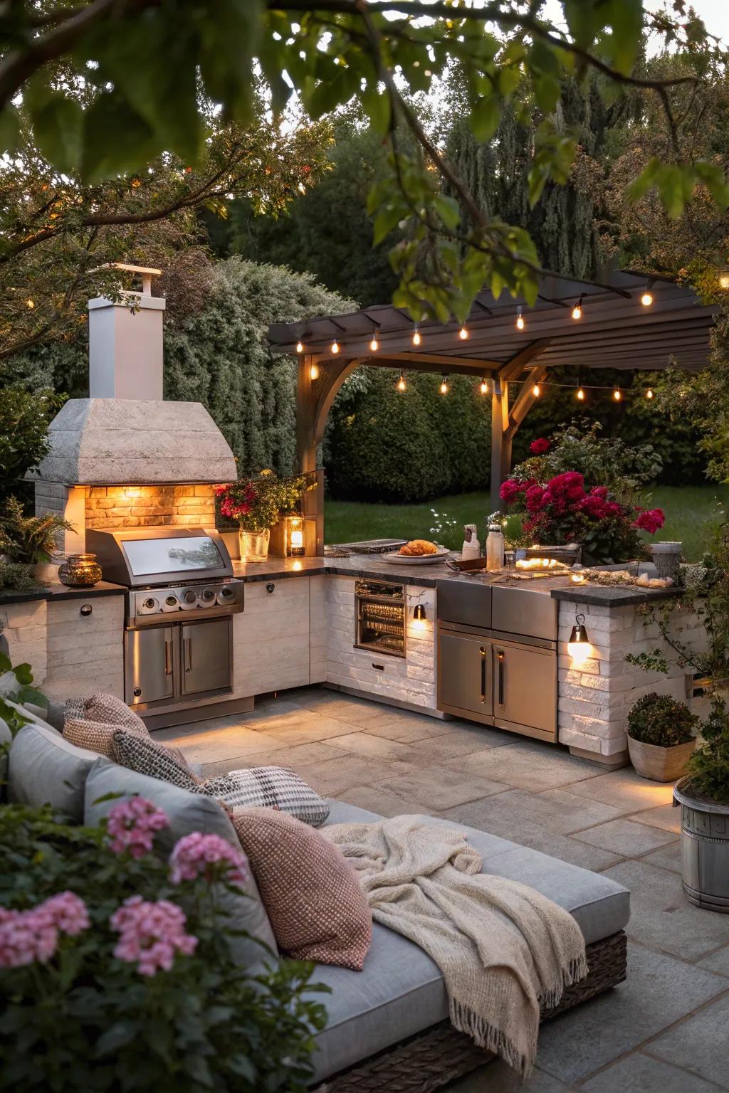 Integrated heating and lighting make this outdoor kitchen usable year-round.
