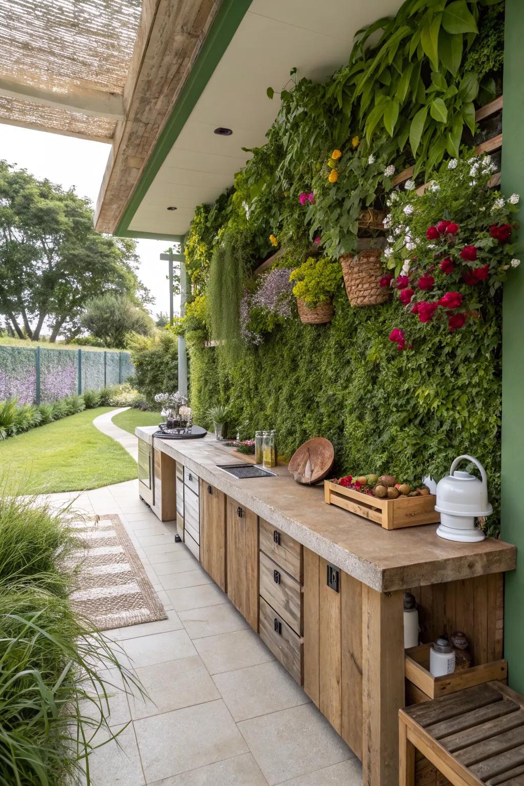 A green wall adds a natural, vibrant backdrop to your kitchen.
