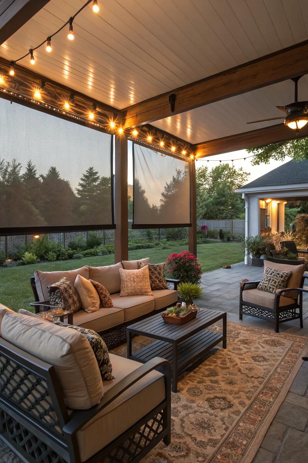 An outdoor living room with retractable screens offers comfort and adaptability.