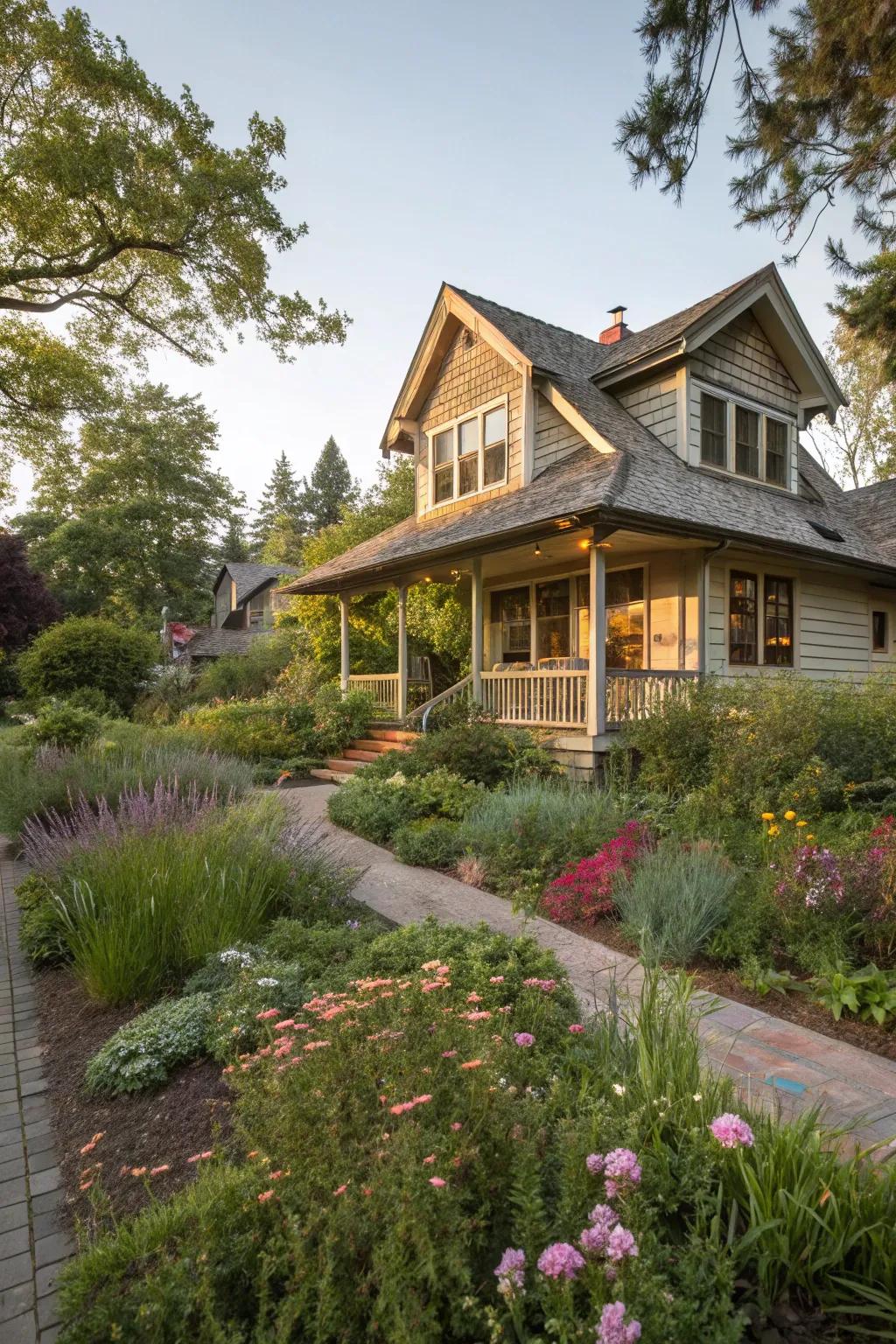 Native plants create a sustainable and vibrant landscape for this craftsman house.