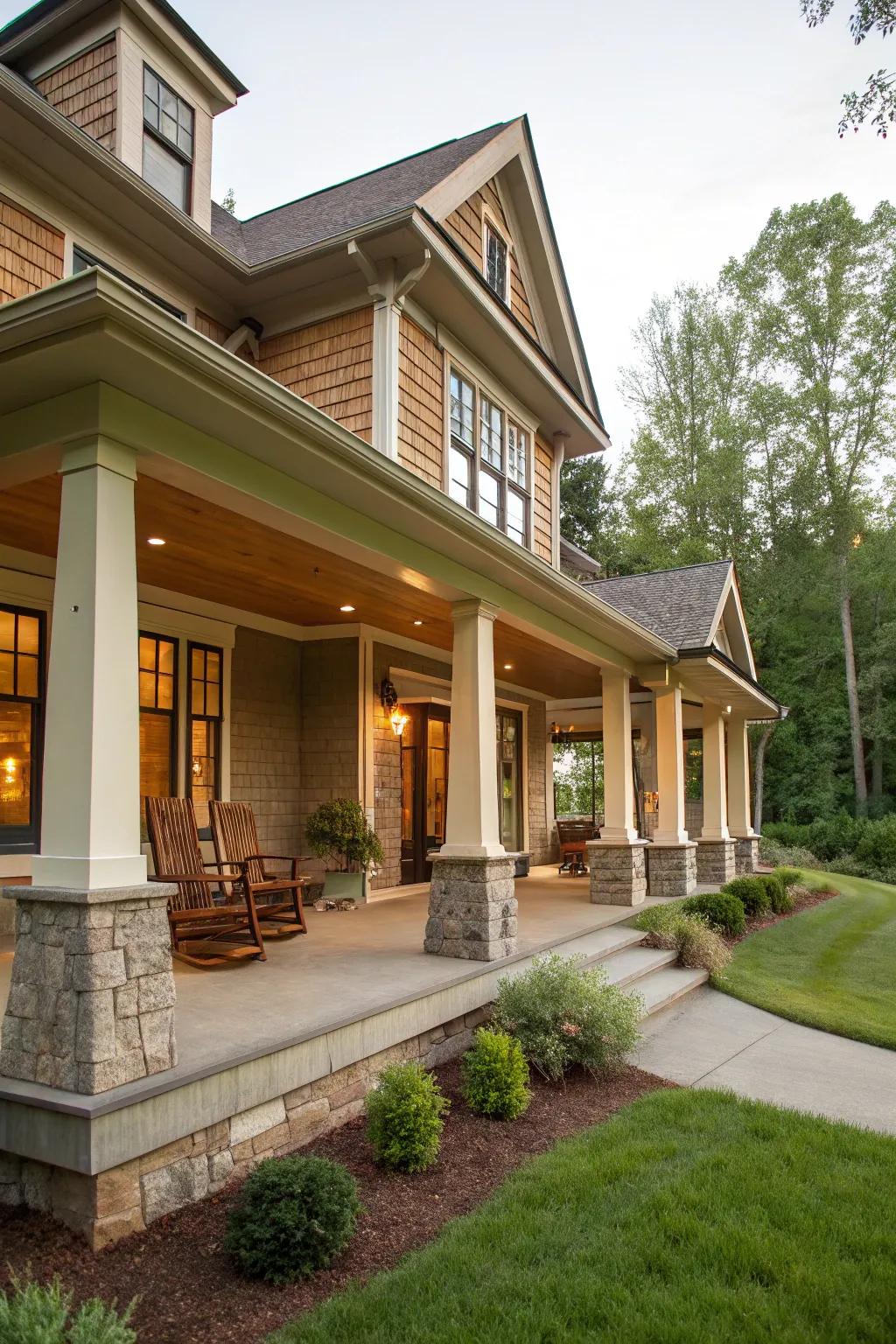 A prominent front porch invites relaxation and socializing in Craftsman style.