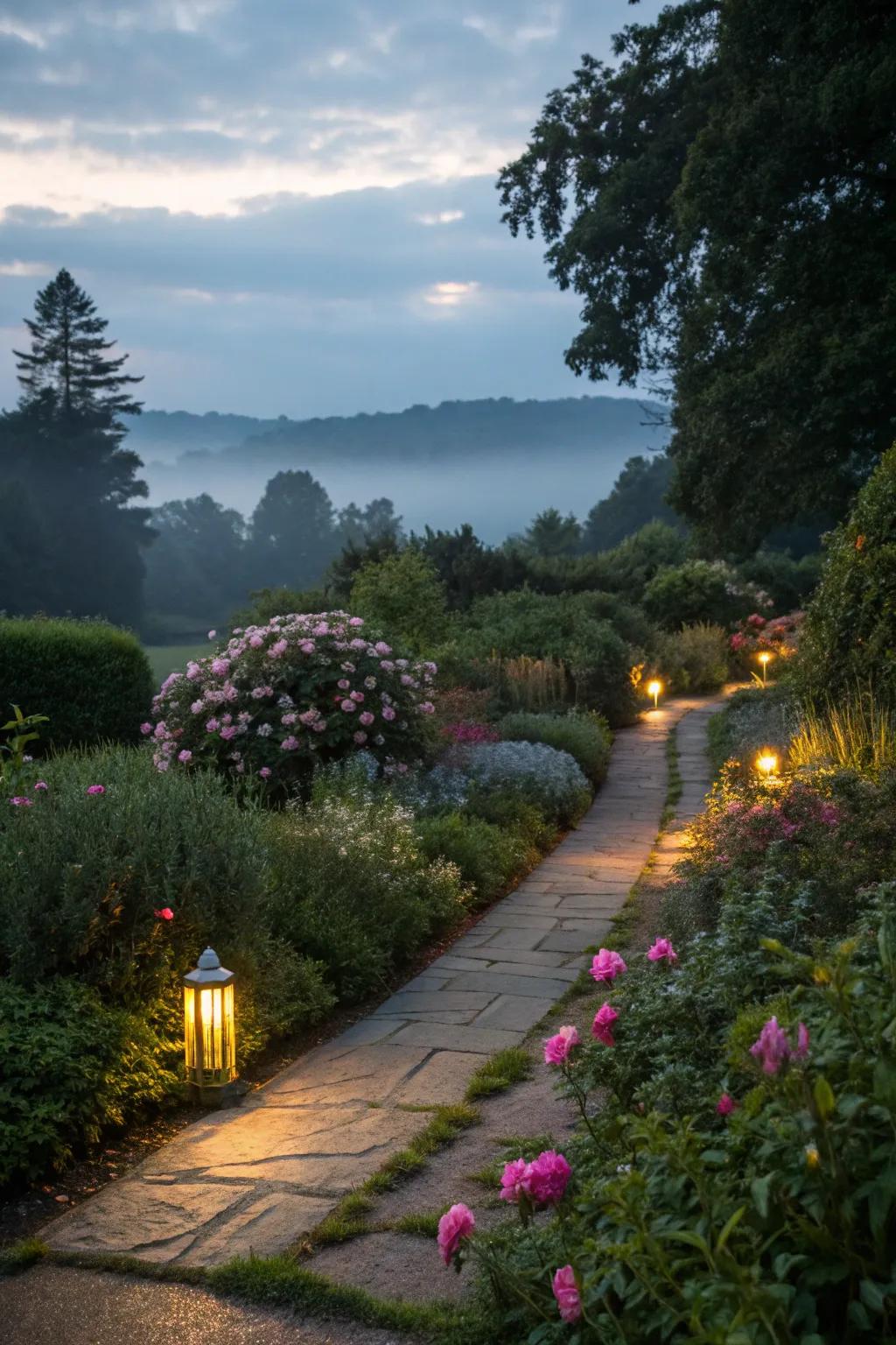 Pathway lighting adds magic to evening walks.