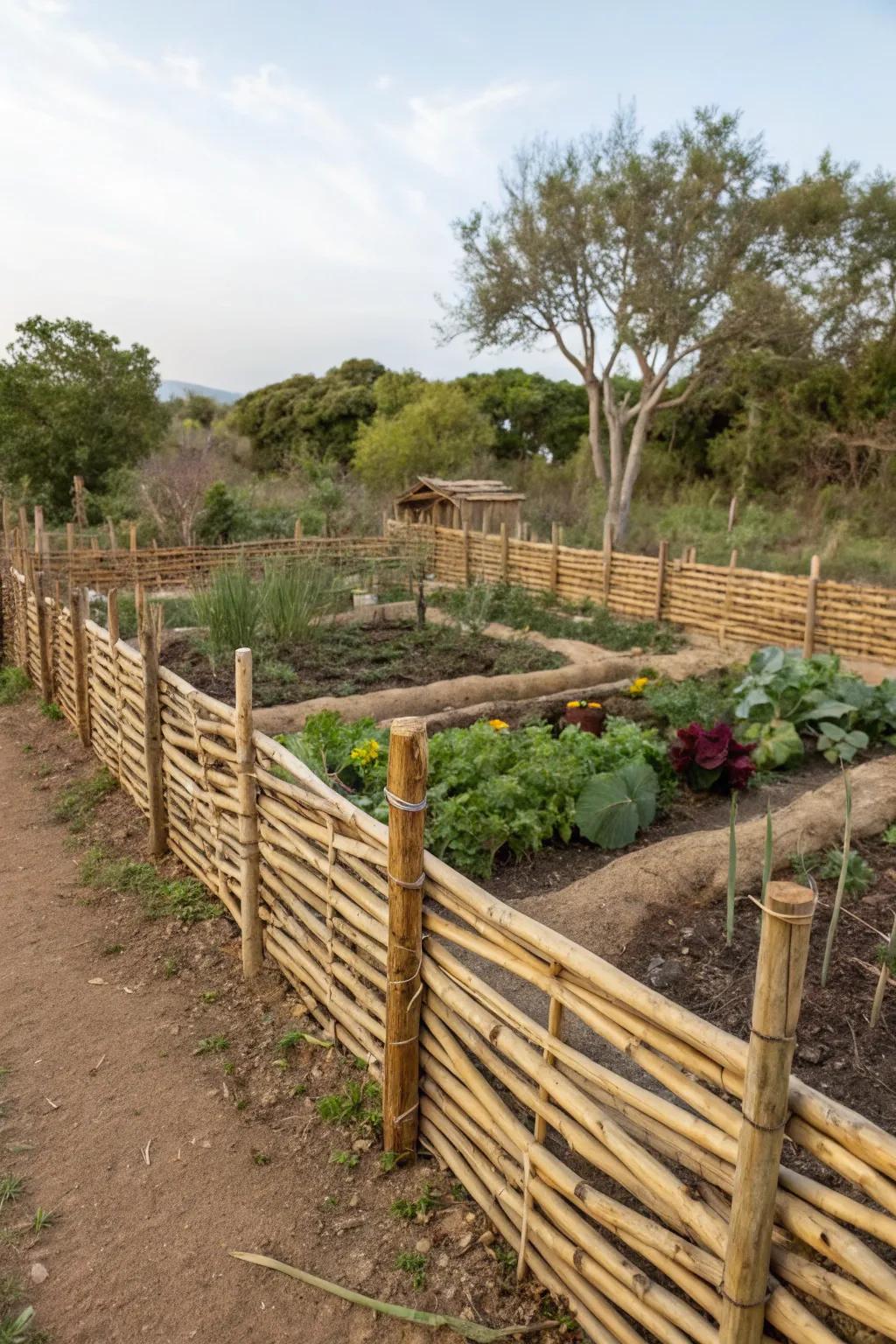 Woven bamboo fences add rustic charm to gardens.