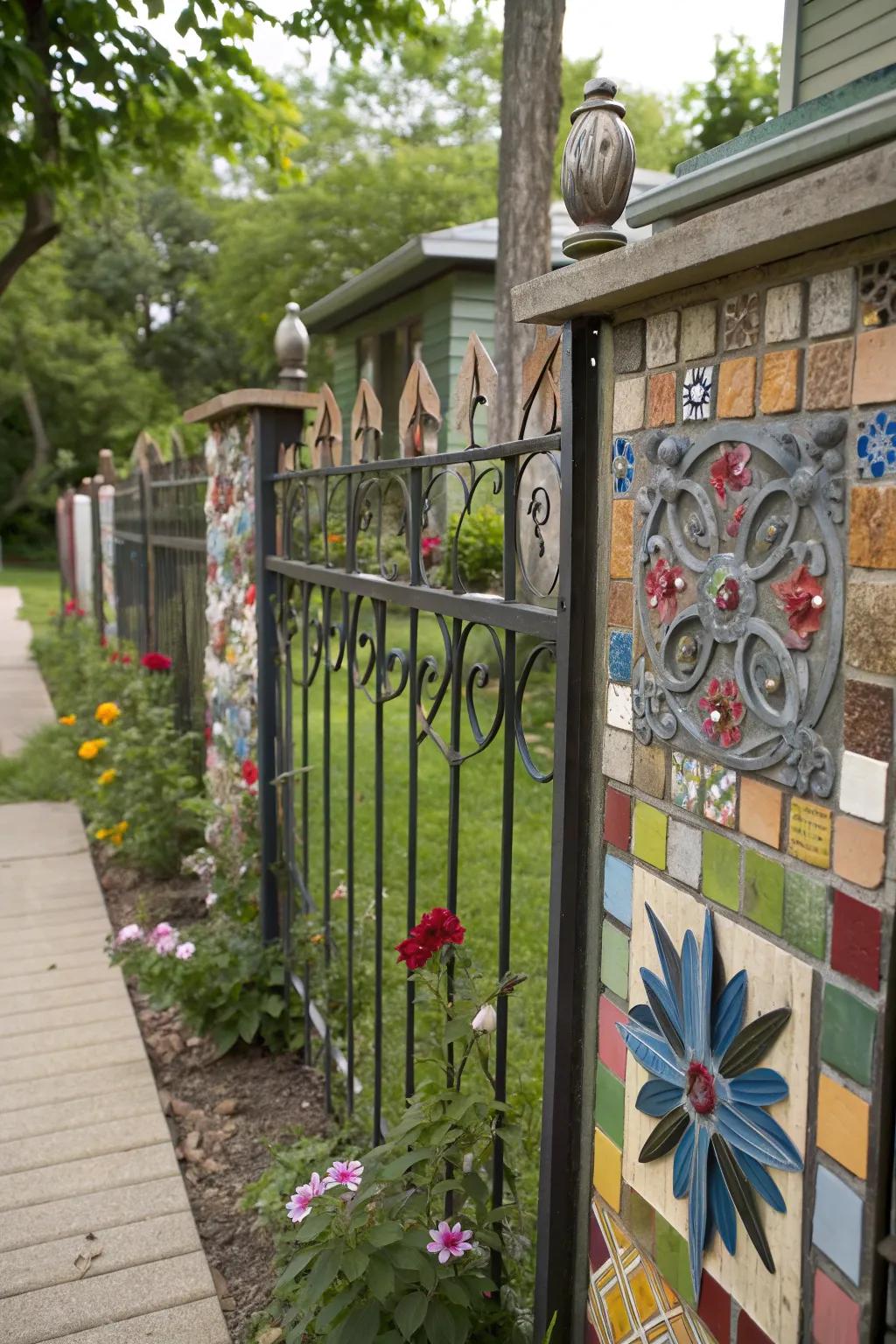 A fence featuring artistic metal and ceramic elements.